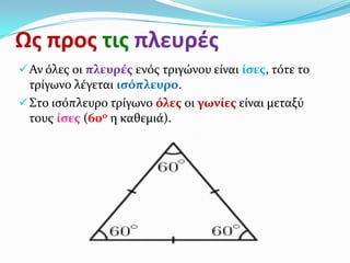 Ως προς τις πλευρές
 Αν όλεσ οι πλευρέσ ενόσ τριγώνου είναι ίςεσ, τότε το
  τρίγωνο λέγεται ιςόπλευρο.
 Στο ιςόπλευρο τρίγωνο όλεσ οι γωνίεσ είναι μεταξύ
  τουσ ίςεσ (60ο η καθεμιά).
 