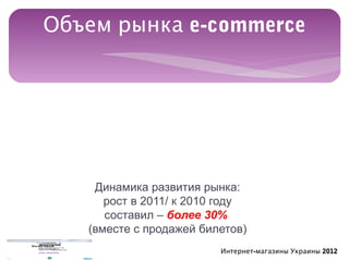 Объем рынка e-commerce




    Динамика развития рынка:
      рост в 2011/ к 2010 году
      составил – более 30%
   (вместе с продажей билетов)
                         Интернет-магазины Украины 2012
 
