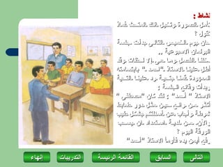 ‫نشاط :‬
                           ‫تأم ل الص ورة وتخي ل ان ك المتحث فماذ‬
                                                           ‫تقول ؟‬
                           ‫حان يوم الخمي س التال ى بدأ ت جلسة‬
                                            ‫البرلمان السبوعية ..‬
                           ‫دخلن ا الفص ل وم ا ه ى إ ل لحظات وقد‬
                           ‫أط ل علين ا الس تاذ "احم د " بابتسامته‬
                           ‫المعهودة قمن ا بتحي ة رد علين ا التحية‬
                                            ‫وبدأت وقائع الجلسة :‬
                           ‫الستاذ " أحمد" : لقد كان "مصطفى "‬
                           ‫أكث ر م ن رائ ع حي ن مث ل دور ضابط‬
                           ‫شرط ة وأجاب ع ن أس ئلتكم بشك ل طيب‬
                           ‫والن م ن لدي ة اس تعداد ان يسحب‬
                                                   ‫الورقة اليوم ؟‬
                               ‫رفع أيمن يده فأومأ الستاذ "أحمد"‬

‫إنهاءĬ   ‫التدريبات‬   ‫القائمة الرئيسة‬       ‫السابق‬        ‫التاʤĬ
 
