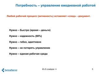 Потребность – управление ежедневной работой


Любой рабочий процесс (активность) оставляет «след» - документ.




 Нужно – быстро (время – деньги)

 Нужно – надежность (80%)

 Нужно – гибко, адаптивно

 Нужно – не потерять управление

 Нужно – единая рабочая среда




                            Из 8 слайдов =>                       5
 