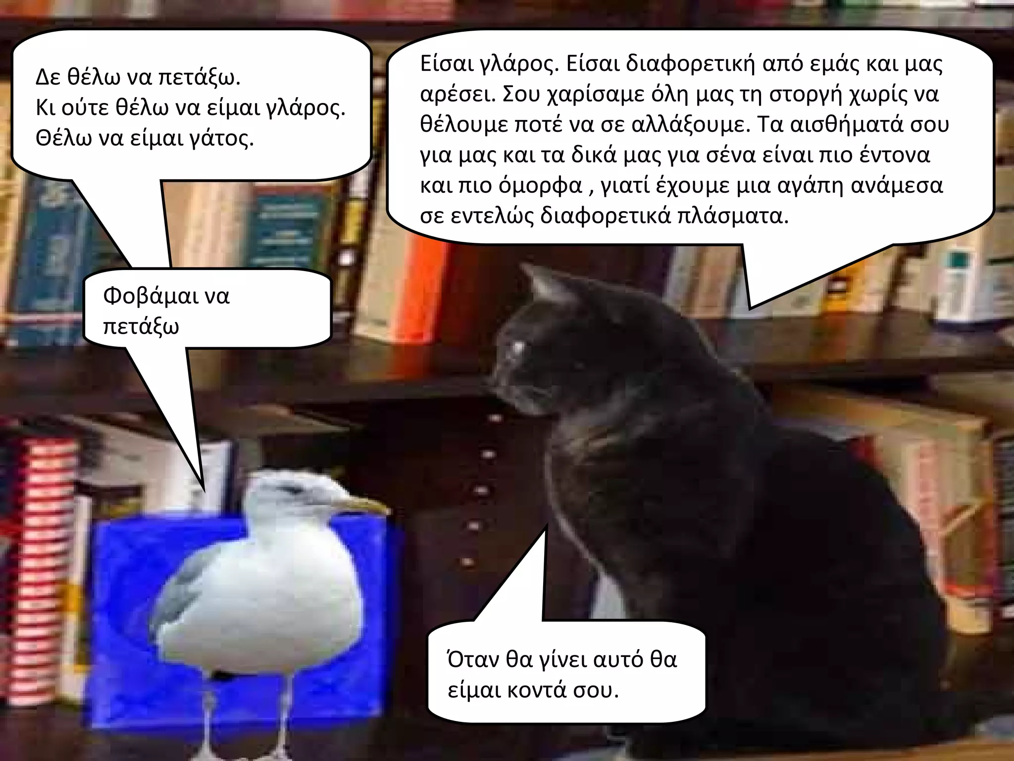Είσαι γλάρος. Είσαι διαφορετική από εμάς και μας
Δε θέλω να πετάξω.
                                αρέσει. Σου χαρίσαμε όλη μας τη στοργή χωρίς να
Κι ούτε θέλω να είμαι γλάρος.
                                θέλουμε ποτέ να σε αλλάξουμε. Τα αισθήματά σου
Θέλω να είμαι γάτος.
                                για μας και τα δικά μας για σένα είναι πιο έντονα
                                και πιο όμορφα , γιατί έχουμε μια αγάπη ανάμεσα
                                σε εντελώς διαφορετικά πλάσματα.


      Φοβάμαι να
      πετάξω




                                  Όταν θα γίνει αυτό θα
                                  είμαι κοντά σου.
 