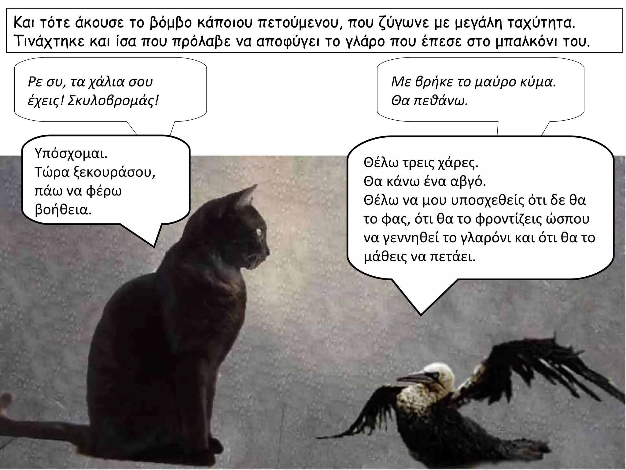 Και τότε άκουσε το βόμβο κάποιου πετούμενου, που ζύγωνε με μεγάλη ταχύτητα.
Τινάχτηκε και ίσα που πρόλαβε να αποφύγει το γλάρο που έπεσε στο μπαλκόνι του.

  Ρε συ, τα χάλια σου                              Με βρήκε το μαύρο κύμα.
  έχεις! Σκυλοβρομάς!                              Θα πεθάνω.


  Υπόσχομαι.
                                               Θέλω τρεις χάρες.
  Τώρα ξεκουράσου,
                                               Θα κάνω ένα αβγό.
  πάω να φέρω
                                               Θέλω να μου υποσχεθείς ότι δε θα
  βοήθεια.
                                               το φας, ότι θα το φροντίζεις ώσπου
                                               να γεννηθεί το γλαρόνι και ότι θα το
                                               μάθεις να πετάει.
 