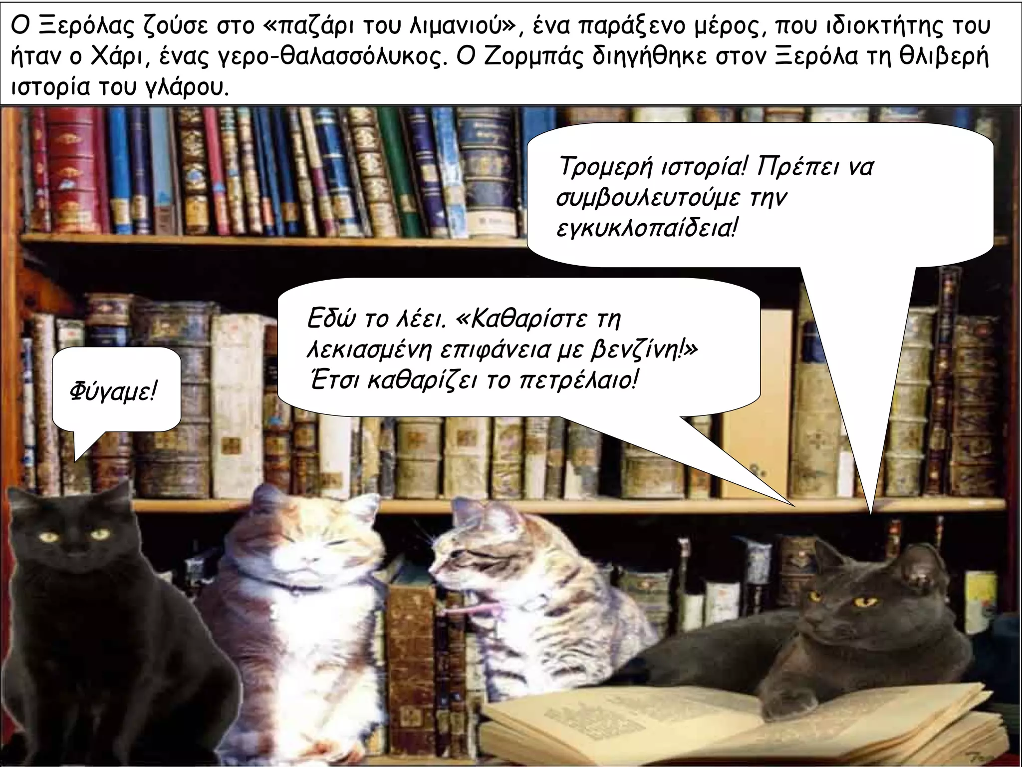Ο Ξερόλας ζούσε στο «παζάρι του λιμανιού», ένα παράξενο μέρος, που ιδιοκτήτης του
ήταν ο Χάρι, ένας γερο-θαλασσόλυκος. Ο Ζορμπάς διηγήθηκε στον Ξερόλα τη θλιβερή
ιστορία του γλάρου.


                                            Τρομερή ιστορία! Πρέπει να
                                            συμβουλευτούμε την
                                            εγκυκλοπαίδεια!


                        Εδώ το λέει. «Καθαρίστε τη
                        λεκιασμένη επιφάνεια με βενζίνη!»
    Φύγαμε!             Έτσι καθαρίζει το πετρέλαιο!
 
