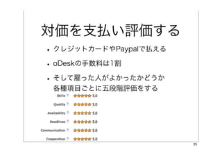 対価を支払い評価する
• クレジットカードやPaypalで払える
• oDeskの手数料は1割
• そして雇った人がよかったかどうか
 各種項目ごとに五段階評価をする




                        25
 