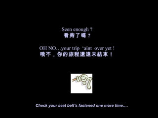 Seen enough ?
              看夠了嗎 ?

 OH NO…your trip ‘aint over yet !
 哦不，你的旅程還遠未結束！




Check your seat belt’s fastened one more time….
 