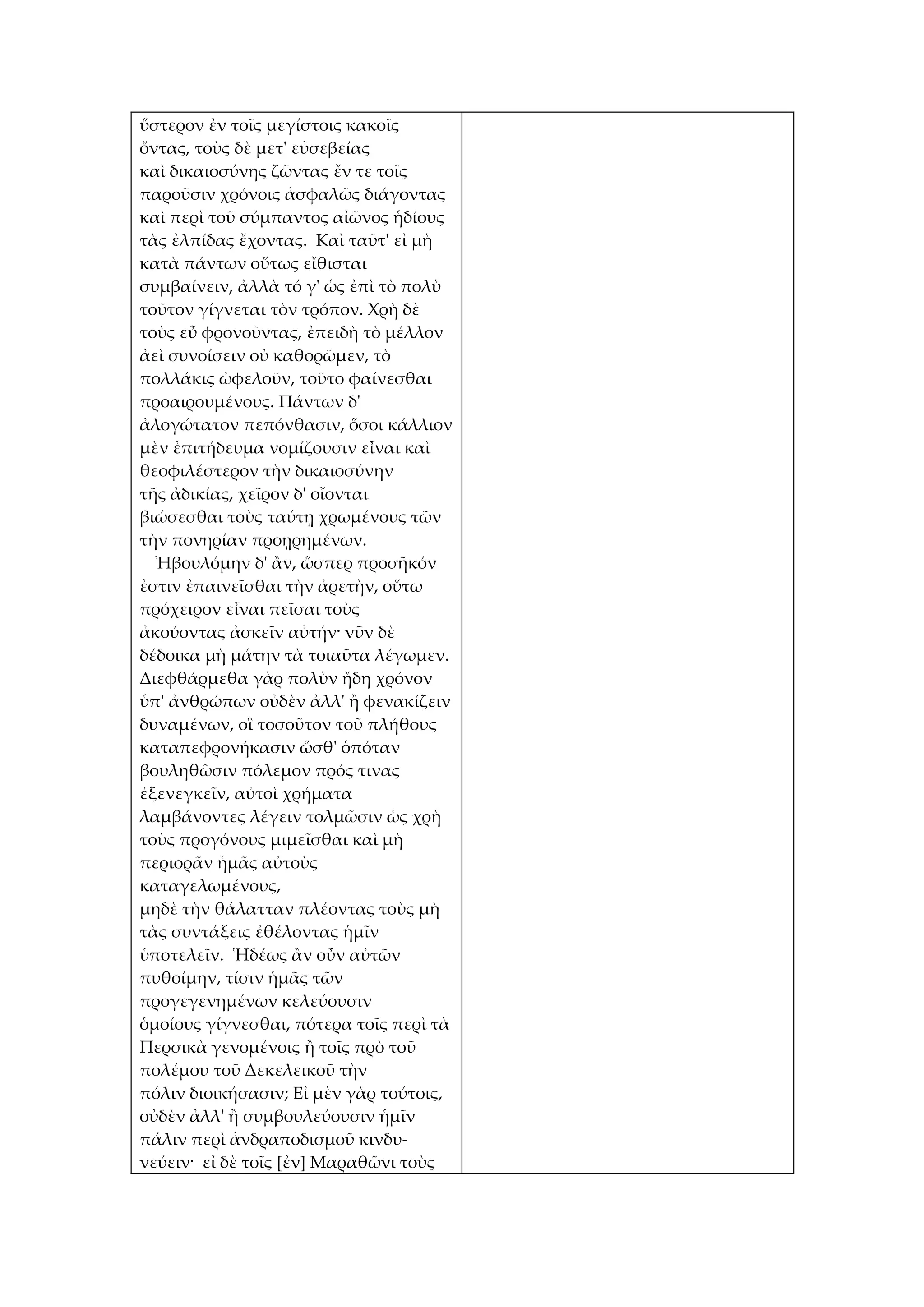 ὕστερον ἐν τοῖς μεγίστοις κακοῖς
ὄντας, τοὺς δὲ μετ' εὐσεβείας
καὶ δικαιοσύνης ζῶντας ἔν τε τοῖς
παροῦσιν χρόνοις ἀσφαλῶς διάγοντας
καὶ περὶ τοῦ σύμπαντος αἰῶνος ἡδίους
τὰς ἐλπίδας ἔχοντας. Καὶ ταῦτ' εἰ μὴ
κατὰ πάντων οὕτως εἴθισται
συμβαίνειν, ἀλλὰ τό γ' ὡς ἐπὶ τὸ πολὺ
τοῦτον γίγνεται τὸν τρόπον. Χρὴ δὲ
τοὺς εὖ φρονοῦντας, ἐπειδὴ τὸ μέλλον
ἀεὶ συνοίσειν οὐ καθορῶμεν, τὸ
πολλάκις ὠφελοῦν, τοῦτο φαίνεσθαι
προαιρουμένους. Πάντων δ'
ἀλογώτατον πεπόνθασιν, ὅσοι κάλλιον
μὲν ἐπιτήδευμα νομίζουσιν εἶναι καὶ
θεοφιλέστερον τὴν δικαιοσύνην
τῆς ἀδικίας, χεῖρον δ' οἴονται
βιώσεσθαι τοὺς ταύτῃ χρωμένους τῶν
τὴν πονηρίαν προῃρημένων.
  Ἠβουλόμην δ' ἂν, ὥσπερ προσῆκόν
ἐστιν ἐπαινεῖσθαι τὴν ἀρετὴν, οὕτω
πρόχειρον εἶναι πεῖσαι τοὺς
ἀκούοντας ἀσκεῖν αὐτήν· νῦν δὲ
δέδοικα μὴ μάτην τὰ τοιαῦτα λέγωμεν.
Διεφθάρμεθα γὰρ πολὺν ἤδη χρόνον
ὑπ' ἀνθρώπων οὐδὲν ἀλλ' ἢ φενακίζειν
δυναμένων, οἳ τοσοῦτον τοῦ πλήθους
καταπεφρονήκασιν ὥσθ' ὁπόταν
βουληθῶσιν πόλεμον πρός τινας
ἐξενεγκεῖν, αὐτοὶ χρήματα
λαμβάνοντες λέγειν τολμῶσιν ὡς χρὴ
τοὺς προγόνους μιμεῖσθαι καὶ μὴ
περιορᾶν ἡμᾶς αὐτοὺς
καταγελωμένους,
μηδὲ τὴν θάλατταν πλέοντας τοὺς μὴ
τὰς συντάξεις ἐθέλοντας ἡμῖν
ὑποτελεῖν. Ἡδέως ἂν οὖν αὐτῶν
πυθοίμην, τίσιν ἡμᾶς τῶν
προγεγενημένων κελεύουσιν
ὁμοίους γίγνεσθαι, πότερα τοῖς περὶ τὰ
Περσικὰ γενομένοις ἢ τοῖς πρὸ τοῦ
πολέμου τοῦ Δεκελεικοῦ τὴν
πόλιν διοικήσασιν; Εἰ μὲν γὰρ τούτοις,
οὐδὲν ἀλλ' ἢ συμβουλεύουσιν ἡμῖν
πάλιν περὶ ἀνδραποδισμοῦ κινδυ-
νεύειν· εἰ δὲ τοῖς [ἐν] Μαραθῶνι τοὺς
 