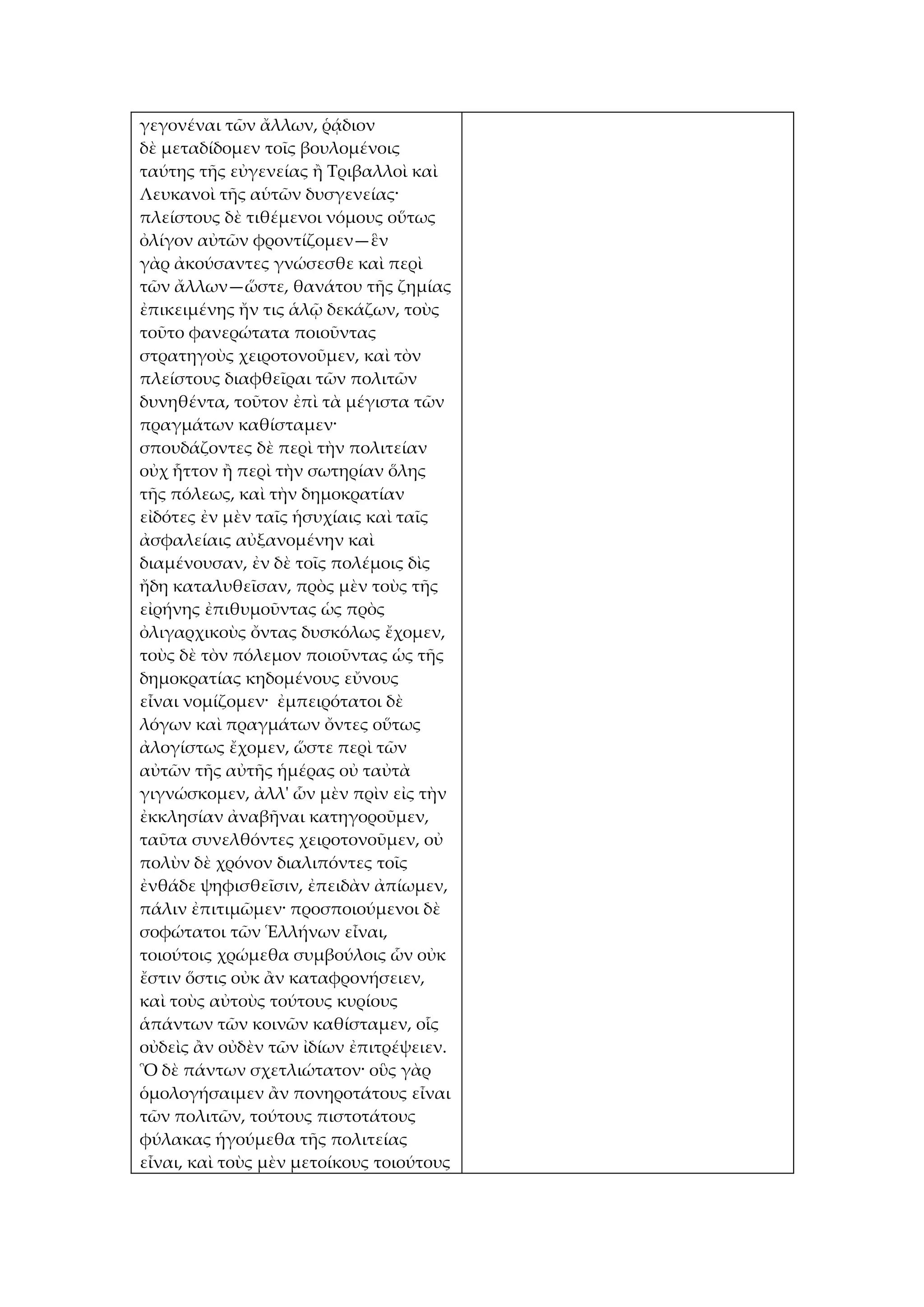 γεγονέναι τῶν ἄλλων, ῥᾴδιον
δὲ μεταδίδομεν τοῖς βουλομένοις
ταύτης τῆς εὐγενείας ἢ Τριβαλλοὶ καὶ
Λευκανοὶ τῆς αὑτῶν δυσγενείας·
πλείστους δὲ τιθέμενοι νόμους οὕτως
ὀλίγον αὐτῶν φροντίζομεν—ἓν
γὰρ ἀκούσαντες γνώσεσθε καὶ περὶ
τῶν ἄλλων—ὥστε, θανάτου τῆς ζημίας
ἐπικειμένης ἤν τις ἁλῷ δεκάζων, τοὺς
τοῦτο φανερώτατα ποιοῦντας
στρατηγοὺς χειροτονοῦμεν, καὶ τὸν
πλείστους διαφθεῖραι τῶν πολιτῶν
δυνηθέντα, τοῦτον ἐπὶ τὰ μέγιστα τῶν
πραγμάτων καθίσταμεν·
σπουδάζοντες δὲ περὶ τὴν πολιτείαν
οὐχ ἧττον ἢ περὶ τὴν σωτηρίαν ὅλης
τῆς πόλεως, καὶ τὴν δημοκρατίαν
εἰδότες ἐν μὲν ταῖς ἡσυχίαις καὶ ταῖς
ἀσφαλείαις αὐξανομένην καὶ
διαμένουσαν, ἐν δὲ τοῖς πολέμοις δὶς
ἤδη καταλυθεῖσαν, πρὸς μὲν τοὺς τῆς
εἰρήνης ἐπιθυμοῦντας ὡς πρὸς
ὀλιγαρχικοὺς ὄντας δυσκόλως ἔχομεν,
τοὺς δὲ τὸν πόλεμον ποιοῦντας ὡς τῆς
δημοκρατίας κηδομένους εὔνους
εἶναι νομίζομεν· ἐμπειρότατοι δὲ
λόγων καὶ πραγμάτων ὄντες οὕτως
ἀλογίστως ἔχομεν, ὥστε περὶ τῶν
αὐτῶν τῆς αὐτῆς ἡμέρας οὐ ταὐτὰ
γιγνώσκομεν, ἀλλ' ὧν μὲν πρὶν εἰς τὴν
ἐκκλησίαν ἀναβῆναι κατηγοροῦμεν,
ταῦτα συνελθόντες χειροτονοῦμεν, οὐ
πολὺν δὲ χρόνον διαλιπόντες τοῖς
ἐνθάδε ψηφισθεῖσιν, ἐπειδὰν ἀπίωμεν,
πάλιν ἐπιτιμῶμεν· προσποιούμενοι δὲ
σοφώτατοι τῶν Ἑλλήνων εἶναι,
τοιούτοις χρώμεθα συμβούλοις ὧν οὐκ
ἔστιν ὅστις οὐκ ἂν καταφρονήσειεν,
καὶ τοὺς αὐτοὺς τούτους κυρίους
ἁπάντων τῶν κοινῶν καθίσταμεν, οἷς
οὐδεὶς ἂν οὐδὲν τῶν ἰδίων ἐπιτρέψειεν.
Ὃ δὲ πάντων σχετλιώτατον· οὓς γὰρ
ὁμολογήσαιμεν ἂν πονηροτάτους εἶναι
τῶν πολιτῶν, τούτους πιστοτάτους
φύλακας ἡγούμεθα τῆς πολιτείας
εἶναι, καὶ τοὺς μὲν μετοίκους τοιούτους
 