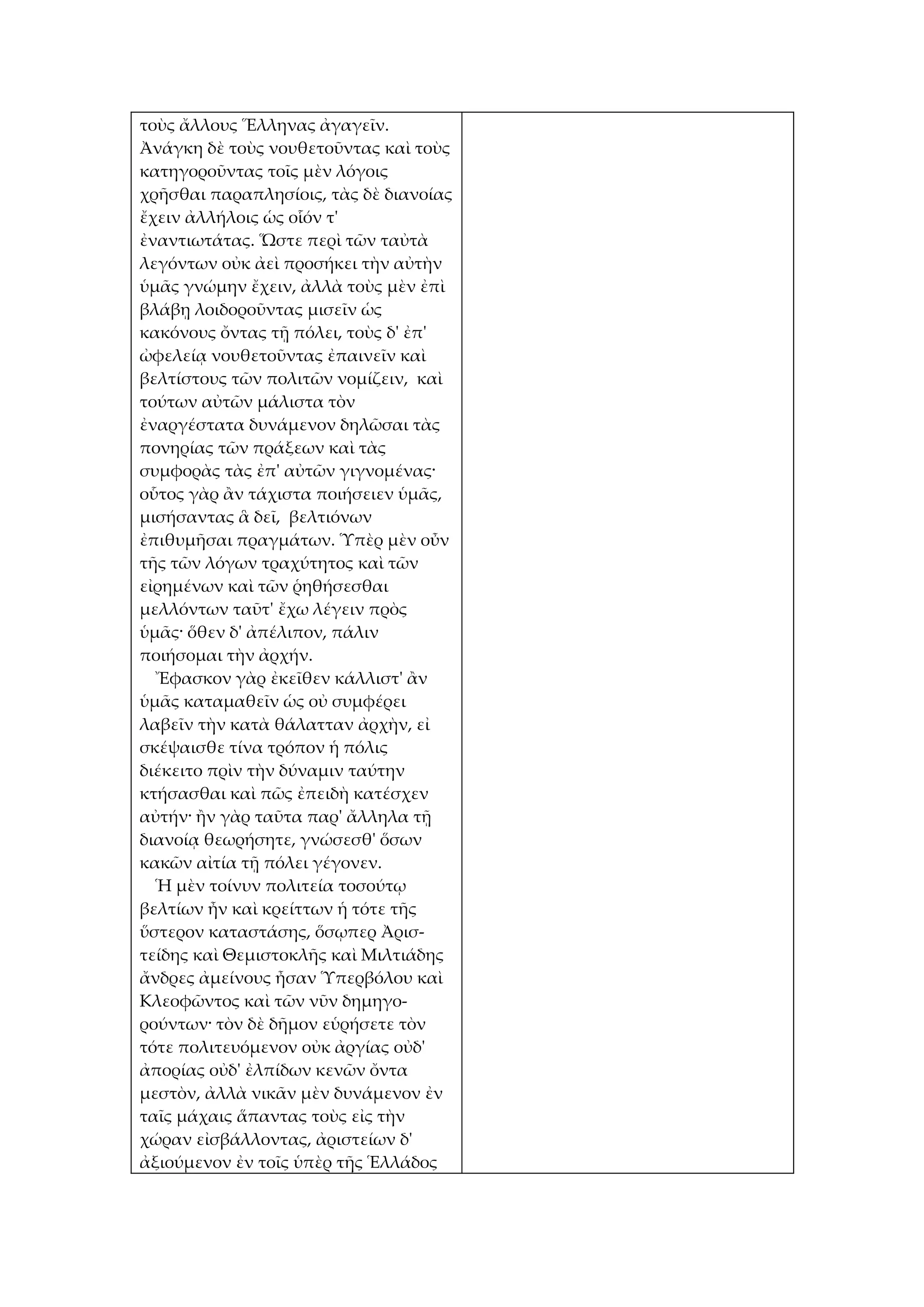 τοὺς ἄλλους Ἕλληνας ἀγαγεῖν.
Ἀνάγκη δὲ τοὺς νουθετοῦντας καὶ τοὺς
κατηγοροῦντας τοῖς μὲν λόγοις
χρῆσθαι παραπλησίοις, τὰς δὲ διανοίας
ἔχειν ἀλλήλοις ὡς οἷόν τ'
ἐναντιωτάτας. Ὥστε περὶ τῶν ταὐτὰ
λεγόντων οὐκ ἀεὶ προσήκει τὴν αὐτὴν
ὑμᾶς γνώμην ἔχειν, ἀλλὰ τοὺς μὲν ἐπὶ
βλάβῃ λοιδοροῦντας μισεῖν ὡς
κακόνους ὄντας τῇ πόλει, τοὺς δ' ἐπ'
ὠφελείᾳ νουθετοῦντας ἐπαινεῖν καὶ
βελτίστους τῶν πολιτῶν νομίζειν, καὶ
τούτων αὐτῶν μάλιστα τὸν
ἐναργέστατα δυνάμενον δηλῶσαι τὰς
πονηρίας τῶν πράξεων καὶ τὰς
συμφορὰς τὰς ἐπ' αὐτῶν γιγνομένας·
οὗτος γὰρ ἂν τάχιστα ποιήσειεν ὑμᾶς,
μισήσαντας ἃ δεῖ, βελτιόνων
ἐπιθυμῆσαι πραγμάτων. Ὑπὲρ μὲν οὖν
τῆς τῶν λόγων τραχύτητος καὶ τῶν
εἰρημένων καὶ τῶν ῥηθήσεσθαι
μελλόντων ταῦτ' ἔχω λέγειν πρὸς
ὑμᾶς· ὅθεν δ' ἀπέλιπον, πάλιν
ποιήσομαι τὴν ἀρχήν.
  Ἔφασκον γὰρ ἐκεῖθεν κάλλιστ' ἂν
ὑμᾶς καταμαθεῖν ὡς οὐ συμφέρει
λαβεῖν τὴν κατὰ θάλατταν ἀρχὴν, εἰ
σκέψαισθε τίνα τρόπον ἡ πόλις
διέκειτο πρὶν τὴν δύναμιν ταύτην
κτήσασθαι καὶ πῶς ἐπειδὴ κατέσχεν
αὐτήν· ἢν γὰρ ταῦτα παρ' ἄλληλα τῇ
διανοίᾳ θεωρήσητε, γνώσεσθ' ὅσων
κακῶν αἰτία τῇ πόλει γέγονεν.
  Ἡ μὲν τοίνυν πολιτεία τοσούτῳ
βελτίων ἦν καὶ κρείττων ἡ τότε τῆς
ὕστερον καταστάσης, ὅσῳπερ Ἀρισ-
τείδης καὶ Θεμιστοκλῆς καὶ Μιλτιάδης
ἄνδρες ἀμείνους ἦσαν Ὑπερβόλου καὶ
Κλεοφῶντος καὶ τῶν νῦν δημηγο-
ρούντων· τὸν δὲ δῆμον εὑρήσετε τὸν
τότε πολιτευόμενον οὐκ ἀργίας οὐδ'
ἀπορίας οὐδ' ἐλπίδων κενῶν ὄντα
μεστὸν, ἀλλὰ νικᾶν μὲν δυνάμενον ἐν
ταῖς μάχαις ἅπαντας τοὺς εἰς τὴν
χώραν εἰσβάλλοντας, ἀριστείων δ'
ἀξιούμενον ἐν τοῖς ὑπὲρ τῆς Ἑλλάδος
 