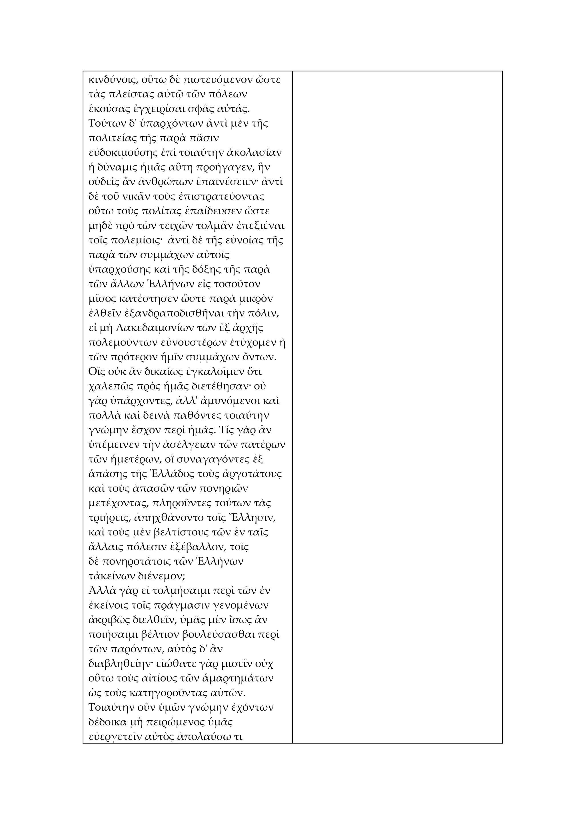 κινδύνοις, οὕτω δὲ πιστευόμενον ὥστε
τὰς πλείστας αὐτῷ τῶν πόλεων
ἑκούσας ἐγχειρίσαι σφᾶς αὐτάς.
Τούτων δ' ὑπαρχόντων ἀντὶ μὲν τῆς
πολιτείας τῆς παρὰ πᾶσιν
εὐδοκιμούσης ἐπὶ τοιαύτην ἀκολασίαν
ἡ δύναμις ἡμᾶς αὕτη προήγαγεν, ἣν
οὐδεὶς ἂν ἀνθρώπων ἐπαινέσειεν· ἀντὶ
δὲ τοῦ νικᾶν τοὺς ἐπιστρατεύοντας
οὕτω τοὺς πολίτας ἐπαίδευσεν ὥστε
μηδὲ πρὸ τῶν τειχῶν τολμᾶν ἐπεξιέναι
τοῖς πολεμίοις· ἀντὶ δὲ τῆς εὐνοίας τῆς
παρὰ τῶν συμμάχων αὐτοῖς
ὑπαρχούσης καὶ τῆς δόξης τῆς παρὰ
τῶν ἄλλων Ἑλλήνων εἰς τοσοῦτον
μῖσος κατέστησεν ὥστε παρὰ μικρὸν
ἐλθεῖν ἐξανδραποδισθῆναι τὴν πόλιν,
εἰ μὴ Λακεδαιμονίων τῶν ἐξ ἀρχῆς
πολεμούντων εὐνουστέρων ἐτύχομεν ἢ
τῶν πρότερον ἡμῖν συμμάχων ὄντων.
Οἷς οὐκ ἂν δικαίως ἐγκαλοῖμεν ὅτι
χαλεπῶς πρὸς ἡμᾶς διετέθησαν· οὐ
γὰρ ὑπάρχοντες, ἀλλ' ἀμυνόμενοι καὶ
πολλὰ καὶ δεινὰ παθόντες τοιαύτην
γνώμην ἔσχον περὶ ἡμᾶς. Τίς γὰρ ἂν
ὑπέμεινεν τὴν ἀσέλγειαν τῶν πατέρων
τῶν ἡμετέρων, οἳ συναγαγόντες ἐξ
ἁπάσης τῆς Ἑλλάδος τοὺς ἀργοτάτους
καὶ τοὺς ἁπασῶν τῶν πονηριῶν
μετέχοντας, πληροῦντες τούτων τὰς
τριήρεις, ἀπηχθάνοντο τοῖς Ἕλλησιν,
καὶ τοὺς μὲν βελτίστους τῶν ἐν ταῖς
ἄλλαις πόλεσιν ἐξέβαλλον, τοῖς
δὲ πονηροτάτοις τῶν Ἑλλήνων
τἀκείνων διένεμον;
Ἀλλὰ γὰρ εἰ τολμήσαιμι περὶ τῶν ἐν
ἐκείνοις τοῖς πράγμασιν γενομένων
ἀκριβῶς διελθεῖν, ὑμᾶς μὲν ἴσως ἂν
ποιήσαιμι βέλτιον βουλεύσασθαι περὶ
τῶν παρόντων, αὐτὸς δ' ἂν
διαβληθείην· εἰώθατε γὰρ μισεῖν οὐχ
οὕτω τοὺς αἰτίους τῶν ἁμαρτημάτων
ὡς τοὺς κατηγοροῦντας αὐτῶν.
Τοιαύτην οὖν ὑμῶν γνώμην ἐχόντων
δέδοικα μὴ πειρώμενος ὑμᾶς
εὐεργετεῖν αὐτὸς ἀπολαύσω τι
 
