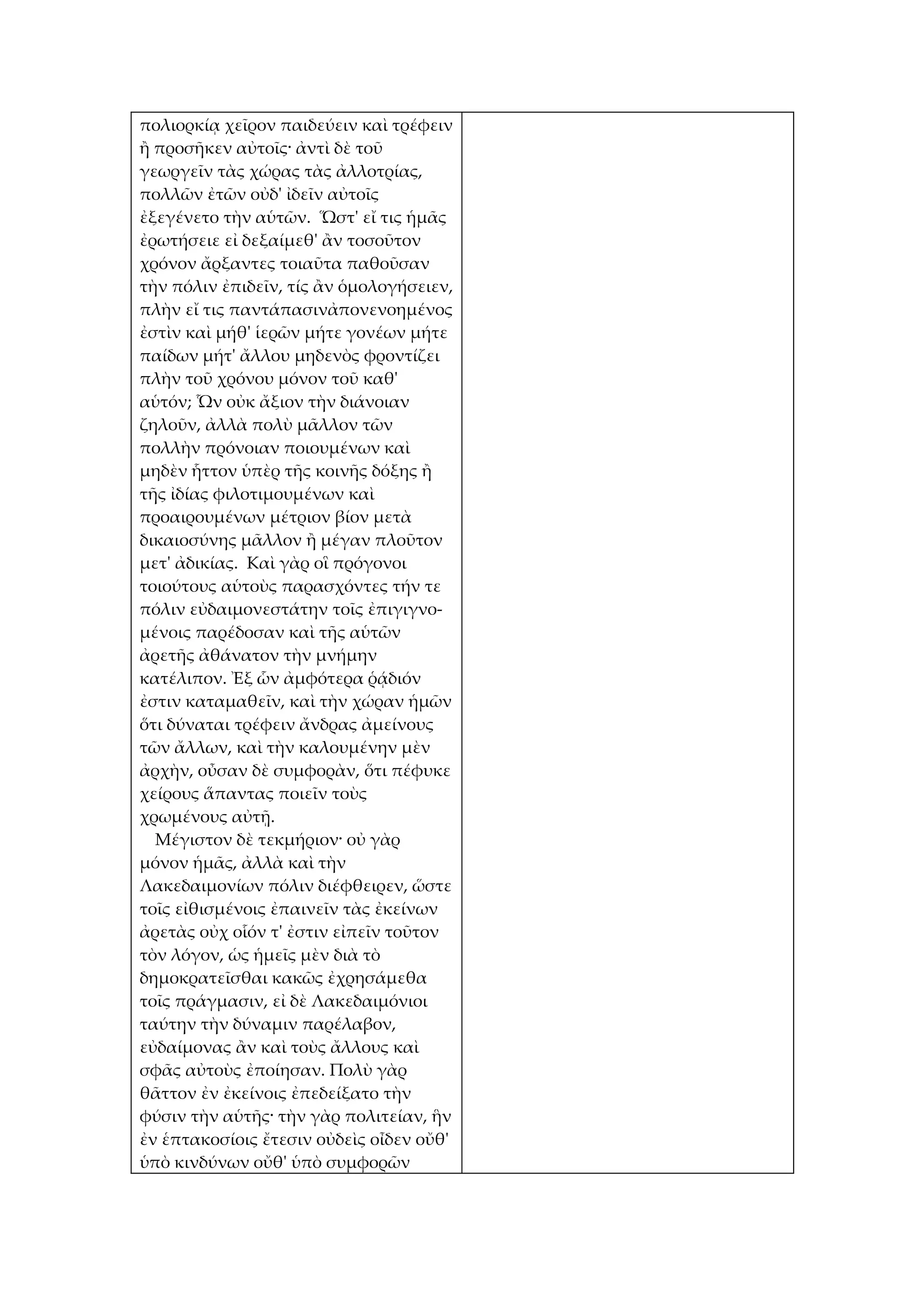 πολιορκίᾳ χεῖρον παιδεύειν καὶ τρέφειν
ἢ προσῆκεν αὐτοῖς· ἀντὶ δὲ τοῦ
γεωργεῖν τὰς χώρας τὰς ἀλλοτρίας,
πολλῶν ἐτῶν οὐδ' ἰδεῖν αὐτοῖς
ἐξεγένετο τὴν αὑτῶν. Ὥστ' εἴ τις ἡμᾶς
ἐρωτήσειε εἰ δεξαίμεθ' ἂν τοσοῦτον
χρόνον ἄρξαντες τοιαῦτα παθοῦσαν
τὴν πόλιν ἐπιδεῖν, τίς ἂν ὁμολογήσειεν,
πλὴν εἴ τις παντάπασινἀπονενοημένος
ἐστὶν καὶ μήθ' ἱερῶν μήτε γονέων μήτε
παίδων μήτ' ἄλλου μηδενὸς φροντίζει
πλὴν τοῦ χρόνου μόνον τοῦ καθ'
αὑτόν; Ὧν οὐκ ἄξιον τὴν διάνοιαν
ζηλοῦν, ἀλλὰ πολὺ μᾶλλον τῶν
πολλὴν πρόνοιαν ποιουμένων καὶ
μηδὲν ἧττον ὑπὲρ τῆς κοινῆς δόξης ἢ
τῆς ἰδίας φιλοτιμουμένων καὶ
προαιρουμένων μέτριον βίον μετὰ
δικαιοσύνης μᾶλλον ἢ μέγαν πλοῦτον
μετ' ἀδικίας. Καὶ γὰρ οἳ πρόγονοι
τοιούτους αὑτοὺς παρασχόντες τήν τε
πόλιν εὐδαιμονεστάτην τοῖς ἐπιγιγνο-
μένοις παρέδοσαν καὶ τῆς αὑτῶν
ἀρετῆς ἀθάνατον τὴν μνήμην
κατέλιπον. Ἐξ ὧν ἀμφότερα ῥᾴδιόν
ἐστιν καταμαθεῖν, καὶ τὴν χώραν ἡμῶν
ὅτι δύναται τρέφειν ἄνδρας ἀμείνους
τῶν ἄλλων, καὶ τὴν καλουμένην μὲν
ἀρχὴν, οὖσαν δὲ συμφορὰν, ὅτι πέφυκε
χείρους ἅπαντας ποιεῖν τοὺς
χρωμένους αὐτῇ.
  Μέγιστον δὲ τεκμήριον· οὐ γὰρ
μόνον ἡμᾶς, ἀλλὰ καὶ τὴν
Λακεδαιμονίων πόλιν διέφθειρεν, ὥστε
τοῖς εἰθισμένοις ἐπαινεῖν τὰς ἐκείνων
ἀρετὰς οὐχ οἷόν τ' ἐστιν εἰπεῖν τοῦτον
τὸν λόγον, ὡς ἡμεῖς μὲν διὰ τὸ
δημοκρατεῖσθαι κακῶς ἐχρησάμεθα
τοῖς πράγμασιν, εἰ δὲ Λακεδαιμόνιοι
ταύτην τὴν δύναμιν παρέλαβον,
εὐδαίμονας ἂν καὶ τοὺς ἄλλους καὶ
σφᾶς αὐτοὺς ἐποίησαν. Πολὺ γὰρ
θᾶττον ἐν ἐκείνοις ἐπεδείξατο τὴν
φύσιν τὴν αὑτῆς· τὴν γὰρ πολιτείαν, ἣν
ἐν ἑπτακοσίοις ἔτεσιν οὐδεὶς οἶδεν οὔθ'
ὑπὸ κινδύνων οὔθ' ὑπὸ συμφορῶν
 