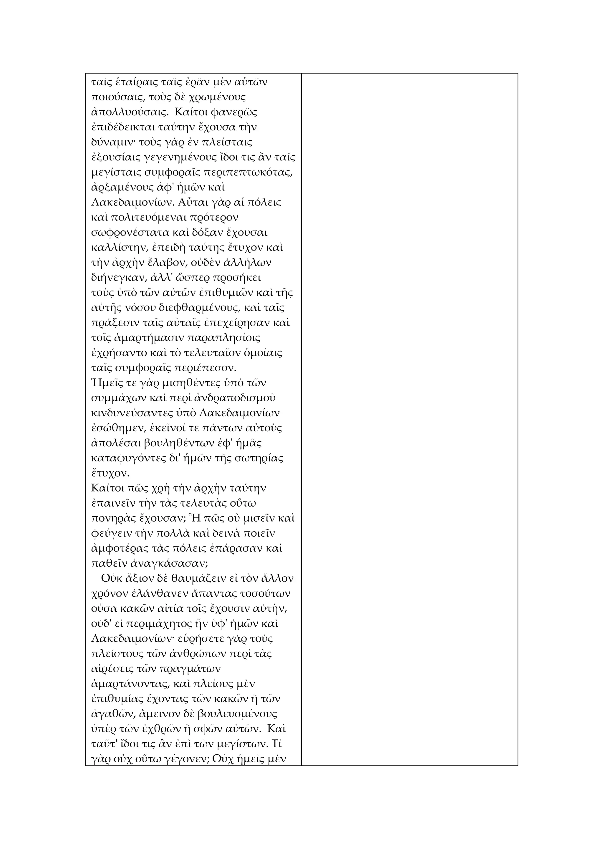 ταῖς ἑταίραις ταῖς ἐρᾶν μὲν αὑτῶν
ποιούσαις, τοὺς δὲ χρωμένους
ἀπολλυούσαις. Καίτοι φανερῶς
ἐπιδέδεικται ταύτην ἔχουσα τὴν
δύναμιν· τοὺς γὰρ ἐν πλείσταις
ἐξουσίαις γεγενημένους ἴδοι τις ἂν ταῖς
μεγίσταις συμφοραῖς περιπεπτωκότας,
ἀρξαμένους ἀφ' ἡμῶν καὶ
Λακεδαιμονίων. Αὗται γὰρ αἱ πόλεις
καὶ πολιτευόμεναι πρότερον
σωφρονέστατα καὶ δόξαν ἔχουσαι
καλλίστην, ἐπειδὴ ταύτης ἔτυχον καὶ
τὴν ἀρχὴν ἔλαβον, οὐδὲν ἀλλήλων
διήνεγκαν, ἀλλ' ὥσπερ προσήκει
τοὺς ὑπὸ τῶν αὐτῶν ἐπιθυμιῶν καὶ τῆς
αὐτῆς νόσου διεφθαρμένους, καὶ ταῖς
πράξεσιν ταῖς αὐταῖς ἐπεχείρησαν καὶ
τοῖς ἁμαρτήμασιν παραπλησίοις
ἐχρήσαντο καὶ τὸ τελευταῖον ὁμοίαις
ταῖς συμφοραῖς περιέπεσον.
Ἡμεῖς τε γὰρ μισηθέντες ὑπὸ τῶν
συμμάχων καὶ περὶ ἀνδραποδισμοῦ
κινδυνεύσαντες ὑπὸ Λακεδαιμονίων
ἐσώθημεν, ἐκεῖνοί τε πάντων αὐτοὺς
ἀπολέσαι βουληθέντων ἐφ' ἡμᾶς
καταφυγόντες δι' ἡμῶν τῆς σωτηρίας
ἔτυχον.
Καίτοι πῶς χρὴ τὴν ἀρχὴν ταύτην
ἐπαινεῖν τὴν τὰς τελευτὰς οὕτω
πονηρὰς ἔχουσαν; Ἢ πῶς οὐ μισεῖν καὶ
φεύγειν τὴν πολλὰ καὶ δεινὰ ποιεῖν
ἀμφοτέρας τὰς πόλεις ἐπάρασαν καὶ
παθεῖν ἀναγκάσασαν;
  Οὐκ ἄξιον δὲ θαυμάζειν εἰ τὸν ἄλλον
χρόνον ἐλάνθανεν ἅπαντας τοσούτων
οὖσα κακῶν αἰτία τοῖς ἔχουσιν αὐτὴν,
οὐδ' εἰ περιμάχητος ἦν ὑφ' ἡμῶν καὶ
Λακεδαιμονίων· εὑρήσετε γὰρ τοὺς
πλείστους τῶν ἀνθρώπων περὶ τὰς
αἱρέσεις τῶν πραγμάτων
ἁμαρτάνοντας, καὶ πλείους μὲν
ἐπιθυμίας ἔχοντας τῶν κακῶν ἢ τῶν
ἀγαθῶν, ἄμεινον δὲ βουλευομένους
ὑπὲρ τῶν ἐχθρῶν ἢ σφῶν αὐτῶν. Καὶ
ταῦτ' ἴδοι τις ἂν ἐπὶ τῶν μεγίστων. Τί
γὰρ οὐχ οὕτω γέγονεν; Οὐχ ἡμεῖς μὲν
 