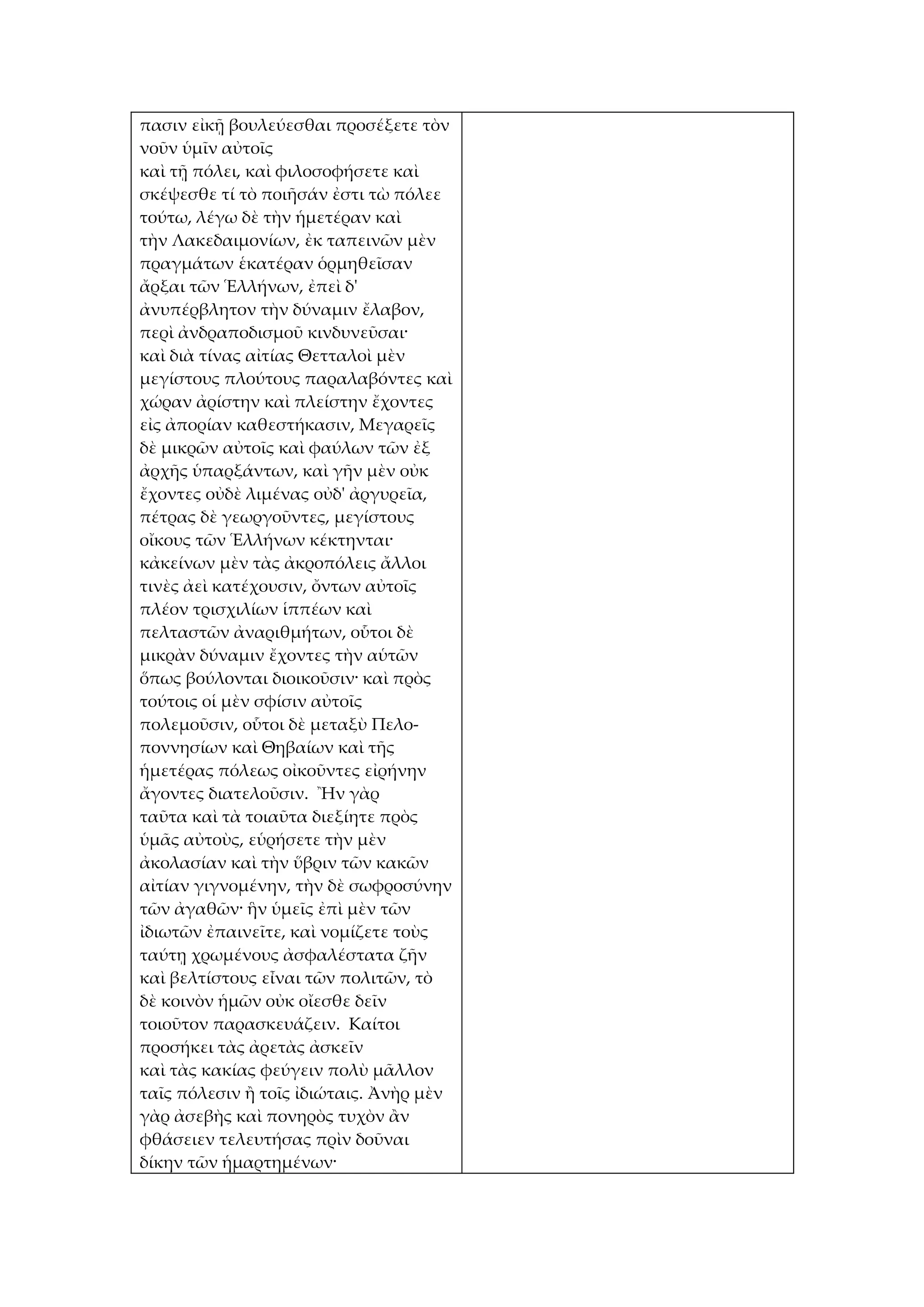 πασιν εἰκῇ βουλεύεσθαι προσέξετε τὸν
νοῦν ὑμῖν αὐτοῖς
καὶ τῇ πόλει, καὶ φιλοσοφήσετε καὶ
σκέψεσθε τί τὸ ποιῆσάν ἐστι τὼ πόλεε
τούτω, λέγω δὲ τὴν ἡμετέραν καὶ
τὴν Λακεδαιμονίων, ἐκ ταπεινῶν μὲν
πραγμάτων ἑκατέραν ὁρμηθεῖσαν
ἄρξαι τῶν Ἑλλήνων, ἐπεὶ δ'
ἀνυπέρβλητον τὴν δύναμιν ἔλαβον,
περὶ ἀνδραποδισμοῦ κινδυνεῦσαι·
καὶ διὰ τίνας αἰτίας Θετταλοὶ μὲν
μεγίστους πλούτους παραλαβόντες καὶ
χώραν ἀρίστην καὶ πλείστην ἔχοντες
εἰς ἀπορίαν καθεστήκασιν, Μεγαρεῖς
δὲ μικρῶν αὐτοῖς καὶ φαύλων τῶν ἐξ
ἀρχῆς ὑπαρξάντων, καὶ γῆν μὲν οὐκ
ἔχοντες οὐδὲ λιμένας οὐδ' ἀργυρεῖα,
πέτρας δὲ γεωργοῦντες, μεγίστους
οἴκους τῶν Ἑλλήνων κέκτηνται·
κἀκείνων μὲν τὰς ἀκροπόλεις ἄλλοι
τινὲς ἀεὶ κατέχουσιν, ὄντων αὐτοῖς
πλέον τρισχιλίων ἱππέων καὶ
πελταστῶν ἀναριθμήτων, οὗτοι δὲ
μικρὰν δύναμιν ἔχοντες τὴν αὑτῶν
ὅπως βούλονται διοικοῦσιν· καὶ πρὸς
τούτοις οἱ μὲν σφίσιν αὐτοῖς
πολεμοῦσιν, οὗτοι δὲ μεταξὺ Πελο-
ποννησίων καὶ Θηβαίων καὶ τῆς
ἡμετέρας πόλεως οἰκοῦντες εἰρήνην
ἄγοντες διατελοῦσιν. Ἢν γὰρ
ταῦτα καὶ τὰ τοιαῦτα διεξίητε πρὸς
ὑμᾶς αὐτοὺς, εὑρήσετε τὴν μὲν
ἀκολασίαν καὶ τὴν ὕβριν τῶν κακῶν
αἰτίαν γιγνομένην, τὴν δὲ σωφροσύνην
τῶν ἀγαθῶν· ἣν ὑμεῖς ἐπὶ μὲν τῶν
ἰδιωτῶν ἐπαινεῖτε, καὶ νομίζετε τοὺς
ταύτῃ χρωμένους ἀσφαλέστατα ζῆν
καὶ βελτίστους εἶναι τῶν πολιτῶν, τὸ
δὲ κοινὸν ἡμῶν οὐκ οἴεσθε δεῖν
τοιοῦτον παρασκευάζειν. Καίτοι
προσήκει τὰς ἀρετὰς ἀσκεῖν
καὶ τὰς κακίας φεύγειν πολὺ μᾶλλον
ταῖς πόλεσιν ἢ τοῖς ἰδιώταις. Ἀνὴρ μὲν
γὰρ ἀσεβὴς καὶ πονηρὸς τυχὸν ἂν
φθάσειεν τελευτήσας πρὶν δοῦναι
δίκην τῶν ἡμαρτημένων·
 