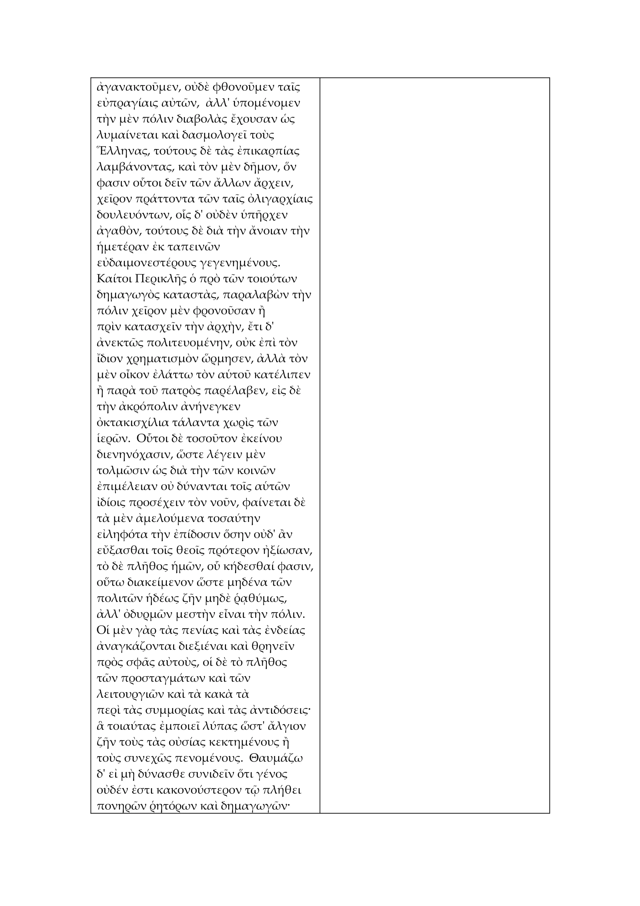 ἀγανακτοῦμεν, οὐδὲ φθονοῦμεν ταῖς
εὐπραγίαις αὐτῶν, ἀλλ' ὑπομένομεν
τὴν μὲν πόλιν διαβολὰς ἔχουσαν ὡς
λυμαίνεται καὶ δασμολογεῖ τοὺς
Ἕλληνας, τούτους δὲ τὰς ἐπικαρπίας
λαμβάνοντας, καὶ τὸν μὲν δῆμον, ὅν
φασιν οὗτοι δεῖν τῶν ἄλλων ἄρχειν,
χεῖρον πράττοντα τῶν ταῖς ὀλιγαρχίαις
δουλευόντων, οἷς δ' οὐδὲν ὑπῆρχεν
ἀγαθὸν, τούτους δὲ διὰ τὴν ἄνοιαν τὴν
ἡμετέραν ἐκ ταπεινῶν
εὐδαιμονεστέρους γεγενημένους.
Καίτοι Περικλῆς ὁ πρὸ τῶν τοιούτων
δημαγωγὸς καταστὰς, παραλαβὼν τὴν
πόλιν χεῖρον μὲν φρονοῦσαν ἢ
πρὶν κατασχεῖν τὴν ἀρχὴν, ἔτι δ'
ἀνεκτῶς πολιτευομένην, οὐκ ἐπὶ τὸν
ἴδιον χρηματισμὸν ὥρμησεν, ἀλλὰ τὸν
μὲν οἶκον ἐλάττω τὸν αὑτοῦ κατέλιπεν
ἢ παρὰ τοῦ πατρὸς παρέλαβεν, εἰς δὲ
τὴν ἀκρόπολιν ἀνήνεγκεν
ὀκτακισχίλια τάλαντα χωρὶς τῶν
ἱερῶν. Οὗτοι δὲ τοσοῦτον ἐκείνου
διενηνόχασιν, ὥστε λέγειν μὲν
τολμῶσιν ὡς διὰ τὴν τῶν κοινῶν
ἐπιμέλειαν οὐ δύνανται τοῖς αὑτῶν
ἰδίοις προσέχειν τὸν νοῦν, φαίνεται δὲ
τὰ μὲν ἀμελούμενα τοσαύτην
εἰληφότα τὴν ἐπίδοσιν ὅσην οὐδ' ἂν
εὔξασθαι τοῖς θεοῖς πρότερον ἠξίωσαν,
τὸ δὲ πλῆθος ἡμῶν, οὗ κήδεσθαί φασιν,
οὕτω διακείμενον ὥστε μηδένα τῶν
πολιτῶν ἡδέως ζῆν μηδὲ ῥᾳθύμως,
ἀλλ' ὀδυρμῶν μεστὴν εἶναι τὴν πόλιν.
Οἱ μὲν γὰρ τὰς πενίας καὶ τὰς ἐνδείας
ἀναγκάζονται διεξιέναι καὶ θρηνεῖν
πρὸς σφᾶς αὐτοὺς, οἱ δὲ τὸ πλῆθος
τῶν προσταγμάτων καὶ τῶν
λειτουργιῶν καὶ τὰ κακὰ τὰ
περὶ τὰς συμμορίας καὶ τὰς ἀντιδόσεις·
ἃ τοιαύτας ἐμποιεῖ λύπας ὥστ' ἄλγιον
ζῆν τοὺς τὰς οὐσίας κεκτημένους ἢ
τοὺς συνεχῶς πενομένους. Θαυμάζω
δ' εἰ μὴ δύνασθε συνιδεῖν ὅτι γένος
οὐδέν ἐστι κακονούστερον τῷ πλήθει
πονηρῶν ῥητόρων καὶ δημαγωγῶν·
 