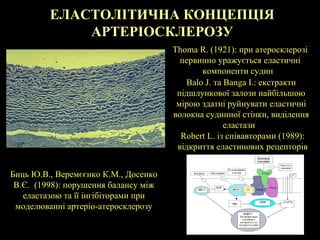 ЕЛАСТОЛІТИЧНА КОНЦЕПЦІЯ
             АРТЕРІОСКЛЕРОЗУ
                                      Thoma R. (1921): при атеросклерозі
                                        первинно уражується еластичні
                                             компоненти судин
                                         Balo J. та Banga I.: екстракти
                                       підшлункової залози найбільшою
                                       мірою здатні руйнувати еластичні
                                      волокна судинної стінки, виділення
                                                    еластази
                                        Robert L. із співавторами (1989):
                                       відкриття еластинових рецепторів


Биць Ю.В., Веремєєнко К.М., Досенко
 В.Є. (1998): порушення балансу між
   еластазою та її інгібіторами при
 моделюванні артеріо-атеросклерозу
 