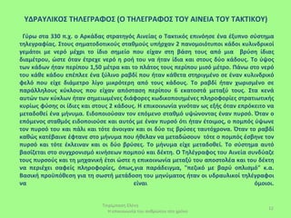 ΥΔΡΑΥΛΙΚΟΣ ΤΗΛΕΓΡΑΦΟΣ (Ο ΤΗΛΕΓΡΑΦΟΣ ΤΟΥ ΑΙΝΕΙΑ ΤΟΥ ΤΑΚΤΙΚΟΥ)

 Γύρω στα 330 π.χ. ο Αρκάδας στρατηγός Αινείας ο Τακτικός επινόησε ένα έξυπνο σύστημα
τηλεγραφίας. Στους σηματοδοτικούς σταθμούς υπήρχαν 2 πανομοιότυποι κάδοι κυλινδρικοί
γεμάτοι με νερό μέχρι το ίδιο σημείο που είχαν στη βάση τους από μια βρύση ίδιας
διαμέτρου, ώστε όταν έτρεχε νερό η ροή του να ήταν ίδια και στους δύο κάδους. Το ύψος
των κάδων ήταν περίπου 1,50 μέτρα και το πλάτος τους περίπου μισό μέτρο. Πάνω στο νερό
του κάθε κάδου επέπλεε ένα ξύλινο ραβδί που ήταν κάθετα στηριγμένο σε έναν κυλινδρικό
φελό που είχε διάμετρο λίγο μικρότερη από τους κάδους. Το ραβδί ήταν χωρισμένο σε
παράλληλους κύκλους που είχαν απόσταση περίπου 6 εκατοστά μεταξύ τους. Στα κενά
αυτών των κύκλων ήταν σημειωμένες διάφορες κωδικοποιημένες πληροφορίες στρατιωτικής
κυρίως φύσης οι ίδιες και στους 2 κάδους. Η επικοινωνία γινόταν ως εξής όταν επρόκειτο να
μεταδοθεί ένα μήνυμα. Ειδοποιούσαν τον επόμενο σταθμό υψώνοντας έναν πυρσό. Όταν ο
επόμενος σταθμός ειδοποιούσε και αυτός με έναν πυρσό ότι ήταν έτοιμος, ο πομπός ύψωνε
τον πυρσό του και πάλι και τότε άνοιγαν και οι δύο τις βρύσες ταυτόχρονα. Όταν το ραβδί
καθώς κατέβαινε έφτανε στο μήνυμα που ήθελαν να μεταδώσουν τότε ο πομπός έσβηνε τον
πυρσό και τότε έκλειναν και οι δύο βρύσες. Το μήνυμα είχε μεταδοθεί. Το σύστημα αυτό
βασίζεται στο συγχρονισμό κινήσεων πομπού και δέκτη. Ο Τηλέγραφος του Αινεία συνδύαζε
τους πυρσούς και τη μηχανική έτσι ώστε η επικοινωνία μεταξύ του αποστολέα και του δέκτη
να περιέχει σαφείς πληροφορίες, όπως,για παράδειγμα, "πεζικό με βαρύ οπλισμό" κ.α.
Βασική προϋπόθεση για τη σωστή μετάδοση του μηνύματος ήταν οι υδραυλικοί τηλέγραφοι
να                                      είναι                                     όμοιοι.


                            Τσιρίμπαση Ελένη
                                                                                       12
                              Η επικοινωνία του ανθρώπου στο χρόνο
 