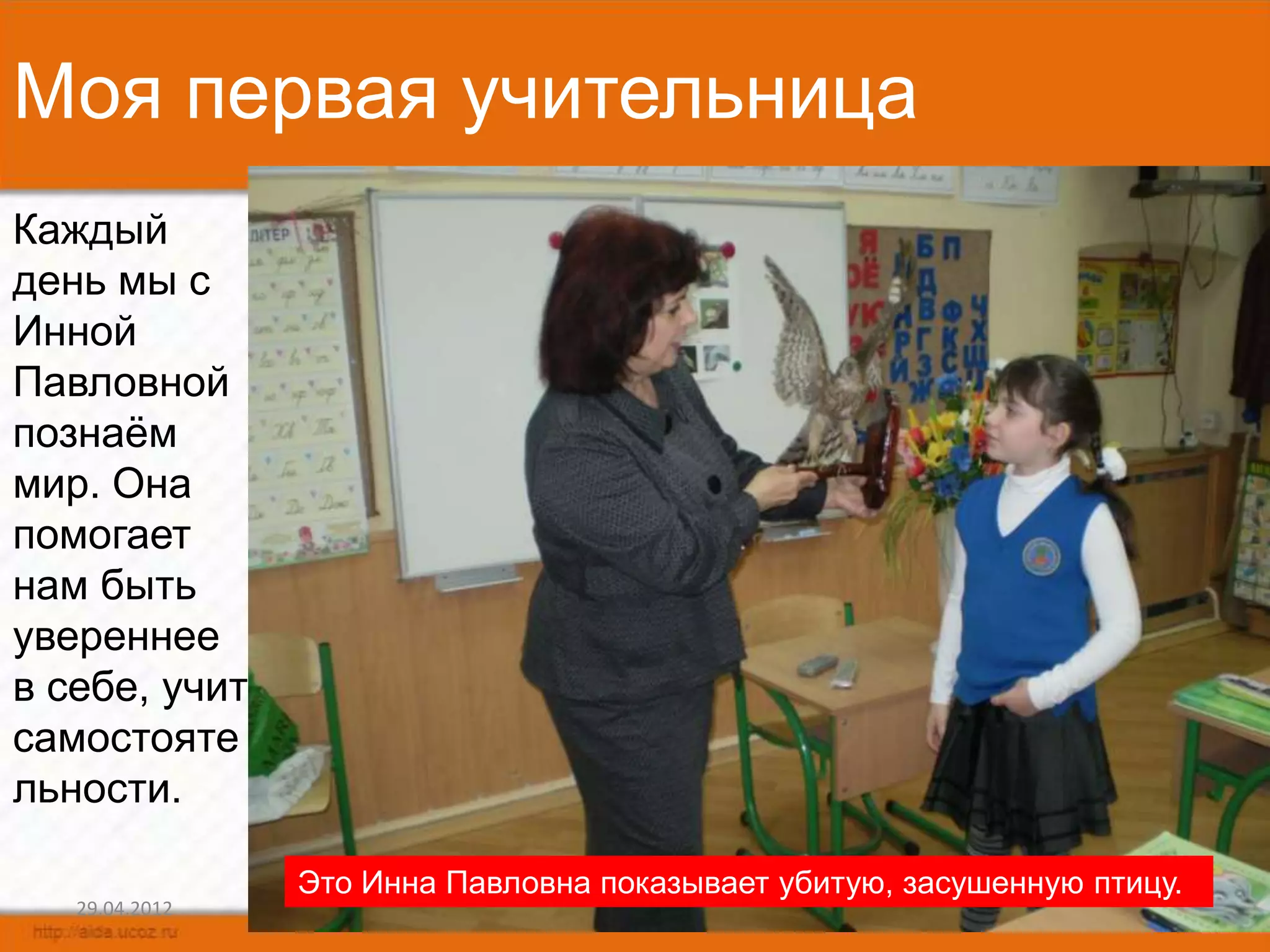 Моя первая учительница
Каждый
день мы с
Инной
Павловной
познаѐм
мир. Она
помогает
нам быть
увереннее
в себе, учит
самостояте
льности.

                Это Инна Павловна показывает убитую, засушенную птицу.
   29.04.2012                                                            5
 