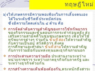 ทฤษฎี ใ หม่
มุ ่ ง ให้ เ กษตรกรมี ค วามพอเพี ย งในการเลี ้ ย งตนเอง
       ได้ ใ นระดั บ ชี ว ิ ต ที ่ ป ระหยั ด ก่ อ น
       ซึ ่ ง มี ค วามโดดเด่ น ใน ๔ ด้ า น คื อ
 การจั ด ลำ า ดั บ ความสำ า คั ญ ของการใช้ ท รั พ ยากร
   ของกิ จ กรรมและขั ้ น ตอนการกระทำ า ก่ อ นหลั ง ส่ ง
   เสริ ม ความสามั ค คี ใ นชุ ม ชนเกษตรกร เพื ่ อ ให้ ใ ช้
   ทรั พ ยากรต่ า งๆ ร่ ว มกั น ขั ้ น ที ่ ส องให้ ค วามสำ า คั ญ
   กั บ ความเป็ น อยู ่ สวั ส ดิ ก าร สั ง คม
   การศึ ก ษาและศาสนา ขั ้ น ที ่ ส ามให้ ค วามสำ า คั ญ
   กั บ การร่ ว มมื อ กั บ แหล่ ง ทุ น และธุ ร กิ จ ภายนอก
 การประสานความร่ ว มมื อ ประสานงานระหว่ า ง
   หน่ ว ยราชการ ระหว่ า งภาคธุ ร กิ จ กั บ ภาครั ฐ และ
   ระหว่ า งธุ ร กิ จ ด้ ว ยกั น
 การสร้ า งความเห็ น พ้ อ งต้ อ งกั น ตระหนั ก ถึ ง สาระ
 