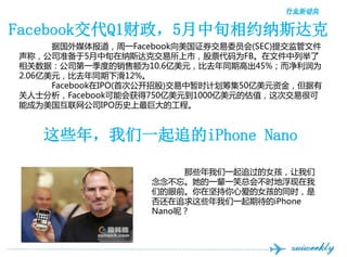 󲹳Ǵǰ콻15ѮԼ˹
      ݹý屨һFacebook֤ȯίԱ(SEC)ύļ
ƣ˾׼5Ѯ˹˽УƱΪFBļо
ݣ˾һȵ۶Ϊ10.6Ԫȥͬڸ߳45%Ϊ
2.06Ԫȥͬ»12%
      FacebookIPO(״ιй)ʱƻＯ50Ԫʽ𣬵
ʿFacebookܻ750Ԫ1000ԪĹֵν׺ܿ
ܳΪ˾IPOʷ޴Ĺ̡


   Щ꣬һ׷iPhone Nano

                         Щһ׷Ů
                    һһЦܻ᲻ʱظ
                    ǵǰڼİŮͬʱ
                    ׷ЩһڴiPhone
                    Nanoأ
 