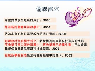 備課需求
希望提供學生最新的資訊。B008

想有新的創意用在教學上。H014

因為本身的科目需要較多的照片資料。B006

地理教材內容極生活化，教材提到的資訊科技進步的情形，
不希望只是口頭告訴學生，更希望展示給學生看，所以會盡
量督促自己關注資訊科技或使用。J006

在校所學的受限無法有實際經驗中的融入。F003
 