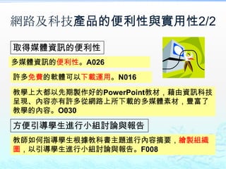 網路及科技產品的便利性與實用性2/2

取得媒體資訊的便利性
多媒體資訊的便利性。A026
許多免費的軟體可以下載運用。N016

教學上大都以先期製作好的PowerPoint教材，藉由資訊科技
呈現、內容亦有許多從網路上所下載的多媒體素材，豐富了
教學的內容。O030

方便引導學生進行小組討論與報告
教師如何指導學生根據教科書主題進行內容摘要，繪製組織
圖，以引導學生進行小組討論與報告。F008
 