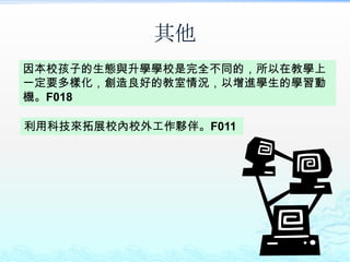 其他
因本校孩子的生態與升學學校是完全不同的，所以在教學上
一定要多樣化，創造良好的教室情況，以增進學生的學習動
機。F018

利用科技來拓展校內校外工作夥伴。F011
 