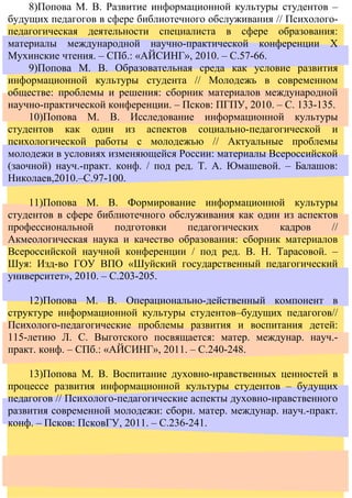 8)Попова М. В. Развитие информационной культуры студентов –
будущих педагогов в сфере библиотечного обслуживания // Психолого-
педагогическая деятельности специалиста в сфере образования:
материалы международной научно-практической конференции Х
Мухинские чтения. – СПб.: «АЙСИНГ», 2010. – С.57-66.
     9)Попова М. В. Образовательная среда как условие развития
информационной культуры студента // Молодежь в современном
обществе: проблемы и решения: сборник материалов международной
научно-практической конференции. – Псков: ПГПУ, 2010. – С. 133-135.
     10)Попова М. В. Исследование информационной культуры
студентов как один из аспектов социально-педагогической и
психологической работы с молодежью // Актуальные проблемы
молодежи в условиях изменяющейся России: материалы Всероссийской
(заочной) науч.-практ. конф. / под ред. Т. А. Юмашевой. – Балашов:
Николаев,2010.–С.97-100.

    11)Попова М. В. Формирование информационной культуры
студентов в сфере библиотечного обслуживания как один из аспектов
профессиональной       подготовки   педагогических   кадров     //
Акмеологическая наука и качество образования: сборник материалов
Всероссийской научной конференции / под ред. В. Н. Тарасовой. –
Шуя: Изд-во ГОУ ВПО «Шуйский государственный педагогический
университет», 2010. – С.203-205.

    12)Попова М. В. Операционально-действенный компонент в
структуре информационной культуры студентов–будущих педагогов//
Психолого-педагогические проблемы развития и воспитания детей:
115-летию Л. С. Выготского посвящается: матер. междунар. науч.-
практ. конф. – СПб.: «АЙСИНГ», 2011. – С.240-248.

    13)Попова М. В. Воспитание духовно-нравственных ценностей в
процессе развития информационной культуры студентов – будущих
педагогов // Психолого-педагогические аспекты духовно-нравственного
развития современной молодежи: сборн. матер. междунар. науч.-практ.
конф. – Псков: ПсковГУ, 2011. – С.236-241.
 