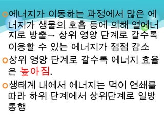 에너지가 이동하는 과정에서 많은 에
 너지가 생물의 호흡 등에 의해 열에너
 지로 방출→ 상위 영양 단계로 갈수록
 이용할 수 있는 에너지가 점점 감소
상위 영양 단계로 갈수록 에너지 효율
 은 높아짐.
생태계 내에서 에너지는 먹이 연쇄를
 따라 하위 단계에서 상위단계로 일방
 통행
 