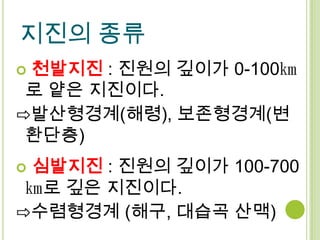 지진의 종류
천발지진 : 진원의 깊이가 0-100㎞
 로 얕은 지진이다.
⇨발산형경계(해령), 보존형경계(변
 환단층)
심발지진 : 진원의 깊이가 100-700
 ㎞로 깊은 지진이다.
⇨수렴형경계 (해구, 대습곡 산맥)
 