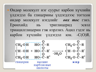  Өндөр молекулт нэг суурьт карбон хүчлийн
 үлдэгдэл ба глицерины үлдэгдлээс тогтсон
 өндөр молекулт нэгдлийг өөх тос гэнэ.
 Ерөнхийд      нь     триглицерид     эсвэл
 триацилглицерин гэж нэрлэнэ. Ацил гэдэг нь
 карбон хүчлийн үлдэгдэл юм. -C(O)R.
 