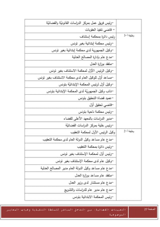 ‫-رئيس فريق عمل بمركز الد اسات القانونية والقضائية‬
                                         ‫ّ‬         ‫ّ‬           ‫ر‬
                                                                       ‫- قاضي تنفيذ العقوبات‬
                                                                           ‫رئيس دائ ة بمحكمة إستئناف‬
                                                                                          ‫ر‬                             ‫وظيفة أ-0‬

                                                                 ‫-رئيس محكمة إبتدائية بغير تونس‬
                                              ‫-وكيل الجمهورية لدى محكمة إبتدائية بغير تونس‬
                                                                   ‫-مدع عام بإدا ة المصالح العدلية‬
                                                                                   ‫ر‬
                                                                                     ‫-متفقد بوز ة العدل‬
                                                                                           ‫ار‬
                                       ‫-وكيل الرئيس األول لمحكمة االستئناف بغير تونس‬
                                                                     ‫ّ‬
                                ‫-مساعد أول للوكيل العام لدى محكمة االستئناف بغير تونس‬
                                                                            ‫ّ‬
                                                  ‫-وكيل أول لرئيس المحكمة اإلبتدائية بتونس‬
                                                           ‫ّ‬                       ‫ّ‬
                                         ‫-نائب وكيل الجمهورية لدى المحكمة اإلبتدائية بتونس‬
                                                                       ‫ّ‬
                                                                         ‫-عميد قضاة التحقيق بتونس‬
                                                                                    ‫-قاضي تحقيق أول‬
                                                                                     ‫ّ‬
                                                                         ‫-رئيس محكمة ناحية بتونس‬
                                                          ‫-مدير الد اسات بالمعهد األعلى للقضاء‬
                                                                                   ‫ر‬
                                                            ‫-رئيس خلية بمركز الد اسات القضائية‬
                                                             ‫ّ‬          ‫ر‬
                                                                 ‫وكيل الرئيس األول لمحكمة التعقيب‬                       ‫وظيفة أ-2‬

                                     ‫-مدع عام مساعد وكيل الدولة العام لدى محكمة التعقيب‬
                                                                        ‫-رئيس دائ ة بمحكمة التعقيب‬
                                                                                       ‫ر‬
                                                    ‫-رئيس أول لمحكمة اإلستئناف بغير تونس‬
                                                                                  ‫ّ‬
                                                  ‫-وكيل عام لدى محكمة اإلستئناف بغير تونس‬
                                  ‫-مدع عام مساعد وكيل الدولة العام مدير المصالح العدلية‬
                                                                      ‫-متفقد عام مساعد بوز ة العدل‬
                                                                            ‫ار‬
                                                               ‫-مدع عام مستشار لدى وزير العدل‬
                                                           ‫-مدع عام مدير عام للد اسات والتشريع‬
                                                                       ‫ر‬
                                                                   ‫-رئيس المحكمة االبتدائية بتونس‬


‫ا ل ت ع ي ي ن ا ت ا ل ق ض ا ئ ي ة : ب ي ن ا ل ت د خ ل ا ل م ب ا ش ر ل ل س ل ط ة ا ل ت ن ف ي ذ ي ة وغ ي ا ب ا ل م ع ا ي ي ر‬          ‫الصفحة 41‬
                                                                                                         ‫ا ل م وض وع ي ة‬
 