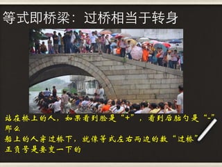 等式即桥梁：过桥相当于转身




站在桥上的人，如果看到脸是“+”，看到后脑勺是“-”
那么
船上的人穿过桥下，就像等式左右两边的数“过桥”
正负号是要变一下的
 