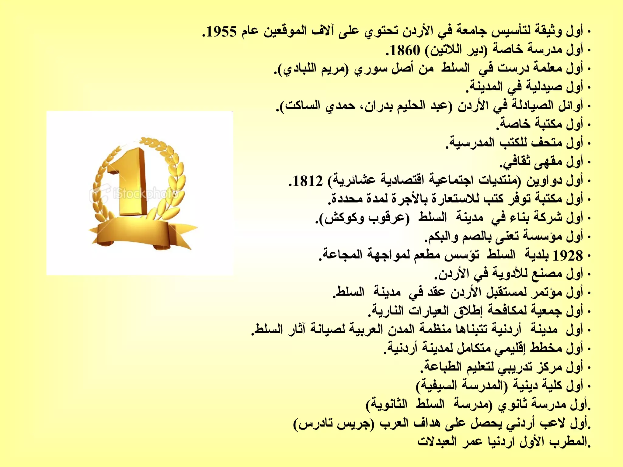 ‫· أول وثيقة لتأسيس جامعة في الردن تحتوي على آلف الموقعين عام 5591.‬
                                   ‫· أول مدرسة خاصة )دير اللتين( 0681.‬
            ‫· أول معلمة درست في السلط من أصل سوري )مريم اللبادي(.‬
                                                    ‫· أول صيدلية في المدينة.‬
             ‫· أوائل الصيادلة في الردن )عبد الحليم بدران، حمدي الساكت(.‬
                                                          ‫· أول مكتبة خاصة.‬
                                               ‫· أول متحف للكتب المدرسية.‬
                                                           ‫· أول مقهى ثقافي.‬
               ‫· أول دواوين )منتديات اجتماعية اقتصادية عشائرية( 2181.‬
                        ‫· أول مكتبة توفر كتب للستعارة بالجرة لمدة محددة.‬
                     ‫· أول شركة بناء في مدينة السلط )عرقوب وكوكش(.‬
                                           ‫· أول مؤسسة تعنى بالصم والبكم.‬
                      ‫· 8291 بلدية السلط تؤسس مطعم لمواجهة المجاعة.‬
                                             ‫· أول مصنع للدوية في الردن.‬
                         ‫· أول مؤتمر لمستقبل الردن عقد في مدينة السلط.‬
                               ‫· أول جمعية لمكافحة إطلق العيارات النارية.‬
        ‫· أول مدينة أردنية تتبناها منظمة المدن العربية لصيانة آثار السلط.‬
                                  ‫· أول مخطط إقليمي متكامل لمدينة أردنية.‬
                                          ‫· أول مركز تدريبي لتعليم الطباعة.‬
                                         ‫· أول كلية دينية )المدرسة السيفية(‬
                               ‫.أول مدرسة ثانوي )مدرسة السلط الثانوية(‬
                ‫.أول لعب أردني يحصل على هداف العرب )جريس تادرس(‬
                                         ‫.المطرب الول اردنيا عمر العبدلت‬
 