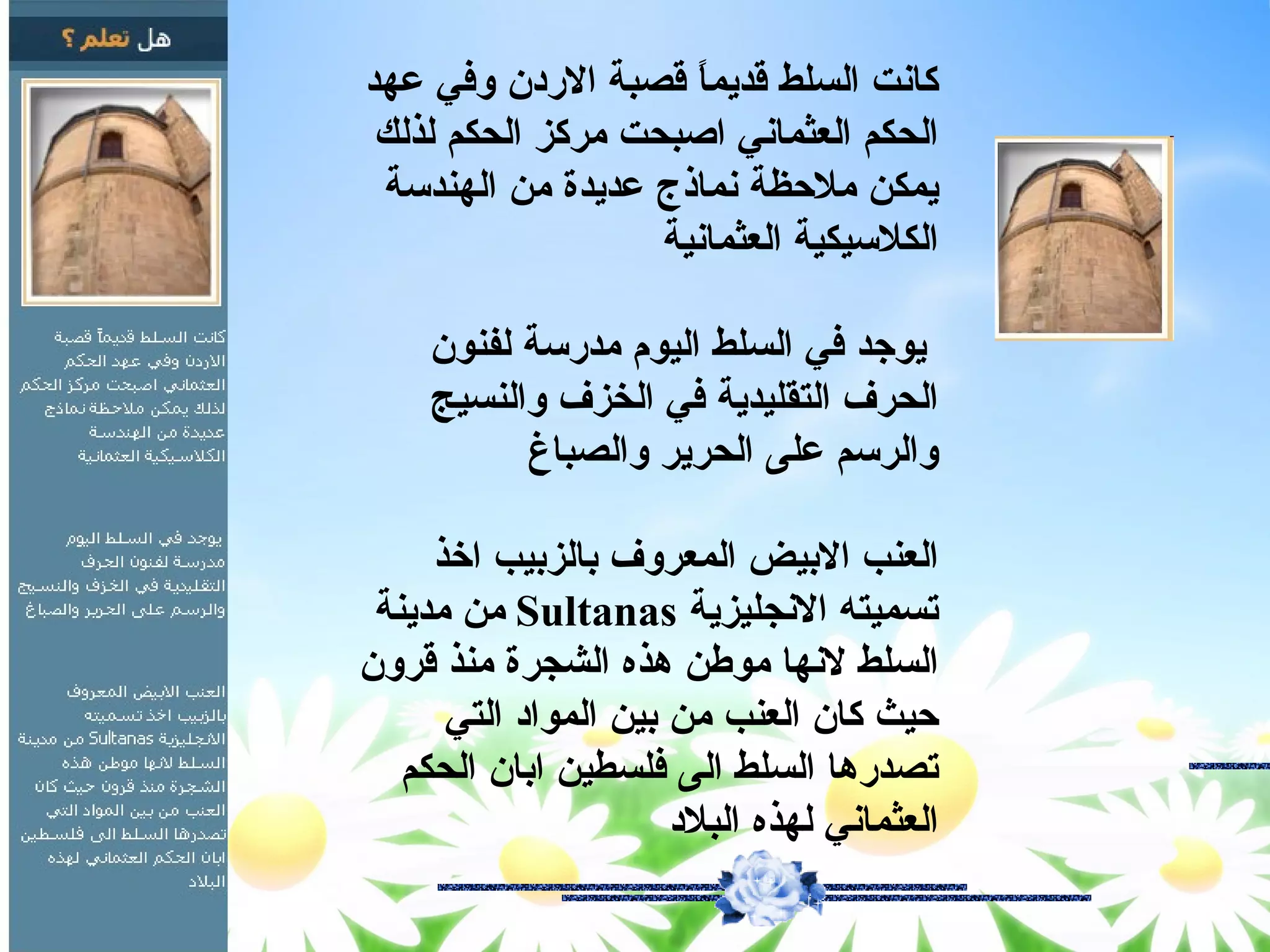 ‫كانت السلط قديم ً قصبة الردن وفي عهد‬
                     ‫ا‬
 ‫الحكم العثماني اصبحت مركز الحكم لذلك‬
 ‫يمكن ملحظة نماذج عديدة من الهندسة‬
                   ‫الكلسيكية العثمانية‬

     ‫يوجد في السلط اليوم مدرسة لفنون‬
     ‫الحرف التقليدية في الخزف والنسيج‬
           ‫والرسم على الحرير والصباغ‬

     ‫العنب البيض المعروف بالزبيب اخذ‬
 ‫تسميته النجليزية ‪ Sultanas‬من مدينة‬
‫السلط لنها موطن هذه الشجرة منذ قرون‬
      ‫حيث كان العنب من بين المواد التي‬
   ‫تصدرها السلط الى فلسطين ابان الحكم‬
                      ‫العثماني لهذه البلد‬
 