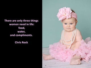 There are only three things
   women need in life:
           food,
          water,
    and compliments.

        Chris Rock
 