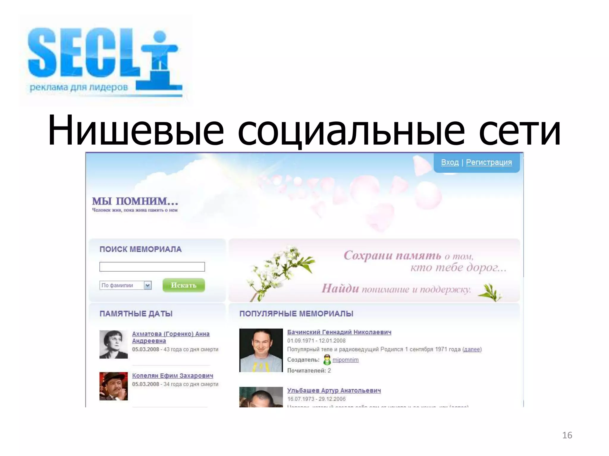 Нишевые социальные сети




                      16
 