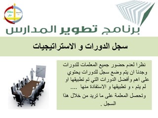 ‫سجل الدورات و االستراتيجيات‬
        ‫نظرا لعدم حضور جميع المعلمات للدورات‬
          ‫وجدنا ان يتم وضع سجل للدورات يحتوي‬
         ‫على اهم وأفضل الدورات التي تم تطبيقها او‬
            ‫لم يتم ، و تطبيقها و االستفادة منها ....‬
        ‫وتحصل المعلمة على ما تريد من خالل هذا‬
                            ‫السجل .‬
 