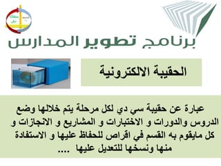 ‫الحقيبة االلكترونية‬

 ‫عبارة عن حقيبة سي دي لكل مرحلة يتم خاللها وضع‬
‫الدروس والدورات و االختبارات و المشاريع و االنجازات و‬
 ‫كل مايقوم به القسم في اقراص للحفاظ عليها و االستفادة‬
             ‫منها ونسخها للتعديل عليها ....‬
 