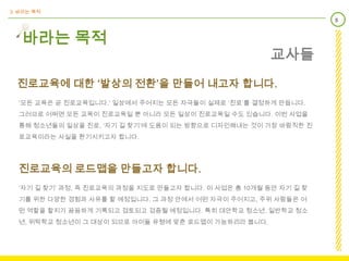 3. 바라는 목적
                                                                   5



   바라는 목적
                                                        교사들
  진로교육에 대한 ‘발상의 전환’을 만들어 내고자 합니다.
  ‘모든 교육은 곧 진로교육입니다.’ 일상에서 주어지는 모든 자극들이 실제로 ‘진로’를 결정하게 만듭니다.
  그러므로 어쩌면 모든 교육이 진로교육일 뿐 아니라 모든 일상이 진로교육일 수도 있습니다. 이번 사업을
  통해 청소년들의 일상을 진로, ‘자기 길 찾기’에 도움이 되는 방향으로 디자인해내는 것이 가장 바람직한 진
  로교육이라는 사실을 환기시키고자 합니다.




  진로교육의 로드맵을 만들고자 합니다.
  ‘자기 길 찾기’ 과정, 즉 진로교육의 과정을 지도로 만들고자 합니다. 이 사업은 총 10개월 동안 자기 길 찾
  기를 위한 다양한 경험과 사유를 할 예정입니다. 그 과정 안에서 어떤 자극이 주어지고, 주위 사람들은 어
  떤 역할을 할지가 꼼꼼하게 기록되고 검토되고 검증될 예정입니다. 특히 대안학교 청소년, 일반학교 청소
  년, 위탁학교 청소년이 그 대상이 되므로 아이들 유형에 맞춘 로드맵이 가능하리라 봅니다.
 