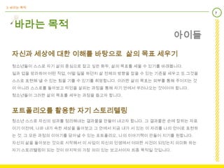 3. 바라는 목적
                                                                7



   바라는 목적
                                                     아이들
  자신과 세상에 대한 이해를 바탕으로 삶의 목표 세우기
  청소년들이 스스로 자기 삶의 중심으로 잡고 싶은 화두, 삶의 목표를 세울 수 있기를 바래봅니다.
  일과 업을 망라하여 어떤 직업, 어떨 일을 하던지 삶 전체의 방향을 잡을 수 있는 기준을 세우고 또 그것을
  스스로 표현해 낼 수 있는 힘을 기를 수 있기를 희망합니다. 이러한 삶의 목표는 외부를 통해 주어지는 것
  이 아니라 스스로를 돌아보고 타인을 살피는 과정을 통해 자기 안에서 우러나오는 것이어야 합니다.
  청소년들이 그러한 삶의 목표를 세우는 과정을 돕고자 합니다.



  포트폴리오를 활용한 자기 스토리텔링
  청소년 스스로 자신의 성과를 정리해내는 결과물을 만들어 내고자 합니다. 그 결과물은 손에 잡히는 자료
  이기 이전에, 나와 내가 속한 세상을 돌아보고 그 안에서 지금 내가 서 있는 이 자리를 나의 언어로 표현하
  는 것. 그 모든 과정의 이야기를 담아낼 수 있는 포트폴리오, 나의 이야기책이 만들어 지기를 원합니다.
  자신의 삶을 돌아보는 것으로 시작해서 이 사업이 자신의 인생에서 어떠한 사건이 되었는지 의미화 하는
  자기 스토리텔링이 되는 것이 마지막의 가장 의미 있는 보고서이자 최종 목적일 것입니다.
 