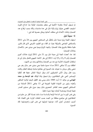 ‫ﺗﻘرﻳر اﻟﻠﺟﻧﺔ اﻟوطﻧﻳﺔ ﻻﺳﺗﻘﺻﺎء اﻟﺣﻘﺎﺋق ﺣوﻝ اﻟﺗﺟﺎوزت‬
 ‫ا‬
‫ﺗم ﺗﺳﺟﻳﻝ أﺣداﺛﺎ ﻣﺗﻔﺎوﺗﺔ اﻷﻫﻣﻳﺔ ﻓﻲ ﻣﻌظم ﻣﻌﺗﻣدﻳﺎت ﻻﻳﺔ ﻣﻧذ اﻧدﻻع اﻟﺛو ة،‬
 ‫ر‬                   ‫اﻟو‬                                            ‫ّ‬
‫اﺳﺗوﺟب اﻟﺗﻘﺻﻲ ﺣوﻟﻬﺎ زﻳﺎ ة ﻻﻳﺔ ﻧﺎﺑﻝ ﻓﻲ ﻋدة ﻣﻧﺎﺳﺑﺎت وذﻟك ﺑﺳﺑب ارﺗﻔﺎع ﻋدد‬
                                            ‫ر و‬
               ‫ﻫﺎ ﻛﻣﺎ ﻳﻠﻲ :‬
                          ‫اﻟﺿﺣﺎﻳﺎ وﺗﺷﺗّت اﻷﺣداث ﻓﻲ ﻣﺧﺗﻠف أﻧﺣﺎﺋﻬﺎ وﻳﻣﻛن ﺣﺻر‬
                                                                    ‫1- ﻣدﻳﻧﺔ ﻧﺎﺑﻝ‬
‫اﺳﺗﻬﻠت اﻟﻠﺟﻧﺔ زﻳﺎ ة ﻣدﻳﻧﺔ ﻧﺎﺑﻝ ﺑﺎﻟﺗﻧﻘﻝ إﻟﻰ اﻟﻣﺳﺗﺷﻔﻰ اﻟﺟﻬوي ﻳوم 42 ﻣﺎي 1102‬
                                          ‫ّ‬             ‫ر‬
‫ﻋﻲ اﻟذي ﻗدم ﺗﻘﺎرﻳر‬
        ‫ّ‬         ‫واﻟﻣﺳﺗﺷﻔﻰ اﻟﺟﺎﻣﻌﻲ ﺑﺎﻟﻣرزﻗﺔ ﺣﻳث ﺗم اﻟﻠﻘﺎء ﻣﻊ اﻟطﺑﻳب اﻟﺷر‬
                                                  ‫ا‬
‫طﺑﻳﺔ ﻣﺗﻌﻠﻘﺔ ﺑﺗﺷرﻳﺢ ﺟﺛث اﻟﺿﺣﺎﻳﺎ. واﻧﺗﻬت اﻟزﻳﺎ ة ﻳوﻣﻬﺎ ﺑﺣﻲ ﺳﻳدي ﻋﻣر ﺑﺎﻻﺗﺻﺎﻝ‬
                           ‫ر‬
                                                                   ‫ﺑﻌﺎﺋﻼت اﻟﺿﺣﺎﻳﺎ.‬
‫ﻛﻣﺎ ﻋﺎد أﻋﺿﺎء اﻟﺟﻧﺔ إﻟﻰ ﻣدﻳﻧﺔ ﻧﺎﺑﻝ ﻳوم 13 ﻣﺎي 1102 ﻟزﻳﺎ ة ﻋﺎﺋﻼت ى‬
 ‫أﺧر‬    ‫ر‬
‫ﻟﻠﺿﺣﺎﻳﺎ وأﻳﺎم 9 و21 و32 أوت 1102 إﻟﻰ ﻣﻘر اﻻﺗﺣﺎد اﻟﺟﻬوي ﻟﻠﺷﻐﻝ ﺑﻧﺎﺑﻝ أﻳن ﺗم‬
‫ّ‬
        ‫إﺳﺗﻛﻣﺎﻝ اﻟﺗﺣرﻳﺎت اﻟﻼزﻣﺔ ﻣﻊ ﻋدد ﻣن اﻟﺿﺣﺎﻳﺎ وﻋﺎﺋﻼﺗﻬم وﻋدد ﻣن اﻟﺷﻬود.‬
‫اﻧطﻠﻘت ﻳوم 21 ﺟﺎﻧﻔﻲ 1102 ﻣﺳﺎءا ﻣﺳﻳ ة ﺳﻠﻣﻳﺔ ﺑﺣﻲ ﺳﻳدي ﻋﻣر ﺑﻧﺎﺑﻝ وﻫو ﺣﻲ‬
                                ‫ر‬
‫ﺷﻌﺑﻲ وﻟﻛن ﻋﺎن ﻣﺎ ﺗﺣوﻟت ﻫذﻩ اﻟﻣﺳﻳ ة إﻟﻰ ﻣظﺎﻫ ة ﻣﻧﺎدﻳﺔ ﺑﺈﺳﻘﺎط اﻟﻧظﺎم وﻛﺎﻧت‬
                           ‫ر‬          ‫ر‬                       ‫ﺳر‬
‫ردود ﻓﻌﻝ رﺟﺎﻝ اﻷﻣن اﻟﻣﺗﻣرﻛزﻳن أﻣﺎم ﻣرﻛز ﺷرطﺔ اﻟﻣﻛﺎن ﻋﻧﻳﻔﺔ ﻓﻘد أطﻠﻘوا‬
‫اﻟرﺻﺎص اﻟﺣﻲ ﻋﻠﻰ اﻟﻣﺗظﺎﻫرﻳن، وﺗم ﺗﺳﺟﻳﻝ وﻓﺎة اﻟﻬﺎﻟك ﻋﺑد اﻟﺑﺎﺳط ﺑن ﻣﺣﻣد‬
                                           ‫ّ‬
‫اﻟﻬﻣﺎﻣﻲ ﻣن ﻣواﻟﻳد 11 أوت 9891 ﻋﺎﻣﻝ ﻳوﻣﻲ وﻫو اﻟﻛﻔﻳﻝ اﻟوﺣﻳد ﻟواﻟدﻳﻪ اﻟﻣﻌﺎﻗﻳن‬
‫وأﺧﺗﻳﻪ، وﺗﺑﻳن ﻣن اﻟﺷﻬﺎدة اﻟطﺑﻳﺔ اﻟﻣؤرﺧﺔ ﻓﻲ 31 ﺟﺎﻧﻔﻲ 1102 اﻟﻣﺳﻠﻣﺔ ﻣن‬
‫ي ﺑﻧﺎﺑﻝ وﺟود ح ﻋﻠﻰ ﻣﺳﺗوى اﻟﺻدر‬
                 ‫ﺟر‬           ‫اﻟﻣﺳﺗﺷﻔﻰ اﻟﺟﻬوي ﻣﺣﻣد اﻟطﺎﻫر اﻟﻣﻌﻣور‬
                                        ‫ﻧﺗﻳﺟﺔ إﺻﺎﺑﺔ ﺑرﺻﺎﺻﺔ أﺣدﺛت ﻧزﻳﻔﺎ دﻣوﻳﺎ داﺧﻠﻳﺎ.‬
‫وﻓﻲ ﻧﻔس اﻟﻳوم ﻣﺎ ﺑﻳن اﻟﺳﺎﻋﺔ اﻟ اﺑﻌﺔ واﻟﺳﺎدﺳﺔ ﻣﺳﺎء ﺗﻣت إﺻﺎﺑﺔ أﻛﺛر ﻣن ﻋﺷ ة ﻣن‬
    ‫ر‬                     ‫ّ‬                ‫ر‬
‫اﻟﻣﺗظﺎﻫرﻳن ﻓﻲ ﻣواﺿﻊ ﻣﺧﺗﻠﻔﺔ ﻣن اﻟﺟﺳد ﺣﺳب اﻟﻣﻠﻔﺎت اﻟواردة ﻋﻠﻰ اﻟﻠﺟﻧﺔ، ﻛﻣﺎ‬
‫أﺻﻳب ﺷﺧﺻﺎن آﺧ ان أﺛﻧﺎء ﻋودﺗﻬﻣﺎ ﻟﻣﻧزﻟﻬﻣﺎ ﻓﻲ ﻧﻔس اﻟﻳوم واﻋﺗرﺿﺗﻬﻣﺎ ﺗﻠك‬
                                                    ‫ر‬
                                                                             ‫اﻟﻣﺳﻳ ة.‬
                                                                              ‫ر‬

                                             ‫ 081‬
‫ ‬
 