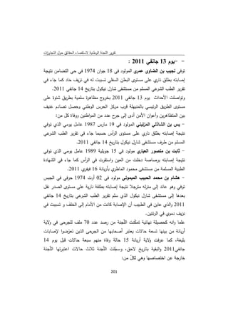 ‫ﺗﻘرﻳر اﻟﻠﺟﻧﺔ اﻟوطﻧﻳﺔ ﻻﺳﺗﻘﺻﺎء اﻟﺣﻘﺎﺋق ﺣوﻝ اﻟﺗﺟﺎوزت‬
 ‫ا‬

                                                    ‫- -ﻳوم 31 ﺟﺎﻧﻔﻲ 1102 :‬
‫ﺗوﻓﻲ ﻧﺟﻳب ﺑن اﻟﺿﺎوي ي اﻟﻣوﻟود ﻓﻲ 81 ﺟوان 4791 ﻓﻲ ﺣﻲ اﻟﺗﺿﺎﻣن ﻧﺗﻳﺟﺔ‬
                                             ‫ﻋﻣر‬
‫إﺻﺎﺑﺗﻪ ﺑطﻠق ي ﻋﻠﻰ ﻣﺳﺗوى اﻟﺑطن اﻟﺳﻔﻠﻲ ﺗﺳﺑﺑت ﻟﻪ ﻓﻲ ﻧزﻳف ﺣﺎد ﻛﻣﺎ ﺟﺎء ﻓﻲ‬
                                                        ‫ﻧﺎر‬
     ‫ﻋﻲ اﻟﻣﺳﻠم ﻣن ﻣﺳﺗﺷﻔﻰ ﺷﺎرﻝ ﻧﻳﻛوﻝ ﺑﺗﺎرﻳﺦ 41 ﺟﺎﻧﻔﻲ 1102.‬‫ﺗﻘرﻳر اﻟطب اﻟﺷر‬
‫ج ﻣظﺎﻫ ة ﺳﻠﻣﻳﺔ ﺑطرﻳق ﺷﻧوة ﻋﻠﻰ‬
                     ‫ر‬       ‫وﺗواﺻﻠت اﻷﺣداث ﻳوم 31 ﺟﺎﻧﻔﻲ 1102 ﺑﺧرو‬
‫ﻣﺳﺗوى اﻟطرﻳق اﻟرﺋﻳﺳﻲ ﺑﺎﻟﻣﻧﻳﻬﻠﺔ ﻗرب ﻣرﻛز اﻟﺣرس اﻟوطﻧﻲ وﺣﺻﻝ ﺗﺻﺎدم ﻋﻧﻳف‬
        ‫ﺑﻳن اﻟﻣﺗظﺎﻫرﻳن وأﻋوان اﻷﻣن أدى إﻟﻰ ح ﻋدد ﻣن اﻟﻣواطﻧﻳن ووﻓﺎة ﻛﻝ ﻣن:‬
                                       ‫ﺟر‬
‫- ﻳس ﺑن اﻟﺷﺎذﻟﻲ اﻟﻣزﻟﻳﻧﻲ اﻟﻣوﻟود ﻓﻲ 91 ﻣﺎرس 7891 ﻋﺎﻣﻝ ﻳوﻣﻲ اﻟذي ﺗوﻓﻲ‬
‫ﻋﻲ‬‫ﻧﺗﻳﺟﺔ إﺻﺎﺑﺗﻪ ﺑطﻠق ي ﻋﻠﻰ ﻣﺳﺗوى اﻟ أس ﺣﺳﺑﻣﺎ ﺟﺎء ﻓﻲ ﺗﻘرﻳر اﻟطب اﻟﺷر‬
                                ‫ر‬               ‫ﻧﺎر‬
                      ‫اﻟﻣﺳﻠم ﻣن طرف ﻣﺳﺗﺷﻔﻰ ﺷﺎرﻝ ﻧﻳﻛوﻝ ﺑﺗﺎرﻳﺦ 41 ﺟﺎﻧﻔﻲ 1102.‬
‫ي ﻣوﻟود ﻓﻲ 51 ﺟوﻳﻠﻳﺔ 9891 ﻋﺎﻣﻝ ﻳوﻣﻲ اﻟذي ﺗوﻓﻲ‬‫- ﺛﺎﺑت ﺑن ﻣﻧﺻور اﻟﻌﻳﺎر‬
‫ﻧﺗﻳﺟﺔ إﺻﺎﺑﺗﻪ ﺑرﺻﺎﺻﺔ دﺧﻠت ﻣن اﻟﻌﻳن واﺳﺗﻘرت ﻓﻲ اﻟ أس ﻛﻣﺎ ﺟﺎء ﻓﻲ اﻟﺷﻬﺎدة‬
                    ‫ر‬
                ‫ي ﺑﺄرﻳﺎﻧﺔ 61 ي 1102.‬
                       ‫ﻓﻳﻔر‬         ‫اﻟطﺑﻳﺔ اﻟﻣﺳﻠﻣﺔ ﻣن ﻣﺳﺗﺷﻔﻰ ﻣﺣﻣود اﻟﻣﺎطر‬
‫- ﻫﺷﺎم ﺑن ﻣﺣﻣد اﻟﺣﺑﻳب اﻟﻣﻳﻣوﻧﻲ ﻣوﻟود ﻓﻲ 20 أوت 4791 ﺣرﻓﻲ ﻓﻲ اﻟﺟﺑس‬
‫ﺗوﻓﻲ وﻫو ﻋﺎﺋد إﻟﻰ ﻣﻧزﻟﻪ ﻣﺗرﺟﻼ ﻧﺗﻳﺟﺔ إﺻﺎﺑﺗﻪ ﺑطﻠﻘﺔ ﻧﺎرﻳﺔ ﻋﻠﻰ ﻣﺳﺗوى اﻟﺻدر ﻧﻘﻝ‬
‫ﻋﻲ ﺑﺗﺎرﻳﺦ 41 ﺟﺎﻧﻔﻲ‬‫ﺑﻌدﻫﺎ إﻟﻰ ﻣﺳﺗﺷﻔﻰ ﺷﺎرﻝ ﻧﻳﻛوﻝ اﻟذي ﺳﻠم ﺗﻘرﻳر اﻟطب اﻟﺷر‬
‫1102 واﻟذي ﻋﺎﻳن ﻓﻲ اﻟطﺑﻳب أن اﻹﺻﺎﺑﺔ ﻛﺎﻧت ﻣن اﻷﻣﺎم إﻟﻰ اﻟﺧﻠف و ﺗﺳﺑﺑت ﻓﻲ‬
                                                          ‫ﻧزﻳف دﻣوي ﻓﻲ اﻟرﺋﺗﻳن.‬
‫ﻋﻠﻣﺎ واﻧﻪ ﻛﺣﺻﻳﻠﺔ ﻧﻬﺎﺋﻳﺔ ﺗﻣﻛﻧت اﻟّﺟﻧﺔ ﻣن رﺻد ﻋدد 07 ﻣﻠف ﻟﻠﺟرﺣﻰ ﻓﻲ ﻻﻳﺔ‬
   ‫و‬                               ‫ﻠ‬     ‫ّ‬
‫أرﻳﺎﻧﺔ ﻣن ﺑﻳﻧﻬﺎ ﺗﺳﻌﺔ ﺣﺎﻻت ﻳﻌﺗﺑر أﺻﺣﺎﺑﻬﺎ ﻣن اﻟﺟرﺣﻰ اﻟذﻳن ﺗﻌرﺿوا ﻹﺻﺎﺑﺎت‬
          ‫ّ‬
‫ﺑﻠﻳﻐﺔ، ﻛﻣﺎ ﻋرﻓت ﻻﻳﺔ أرﻳﺎﻧﺔ 51 ﺣﺎﻟﺔ وﻓﺎة ﻣﻧﻬم ﺳﺑﻌﺔ ﺣﺎﻻت ﻗﺑﻝ ﻳوم 41‬
                                                 ‫و‬
‫ﺟﺎﻧﻔﻲ1102 واﻟﺑﻘﻳﺔ ﺑﺗﺎرﻳﺦ ﻻﺣق، وﺳﺟﻠت اﻟﻠّﺟﻧﺔ ﺛﻼث ﺣﺎﻻت اﻋﺗﺑرﺗﻬﺎ اﻟّﺟﻧﺔ‬
   ‫ﻠ‬                               ‫ّ‬
                                      ‫ﺧﺎرﺟﺔ ﻋن اﺧﺗﺻﺎﺻﻬﺎ وﻫﻲ ﻟﻛﻝ ﻣن:‬
                                          ‫ّ‬

                                             ‫ 102‬
‫ ‬
 