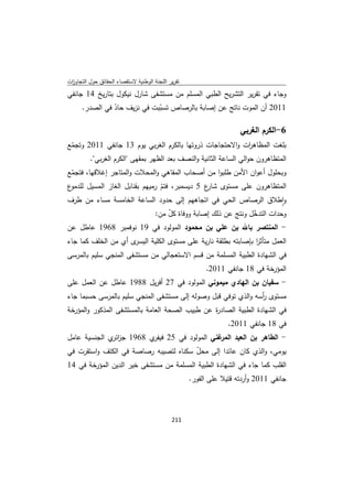 ‫ﺗﻘرﻳر اﻟﻠﺟﻧﺔ اﻟوطﻧﻳﺔ ﻻﺳﺗﻘﺻﺎء اﻟﺣﻘﺎﺋق ﺣوﻝ اﻟﺗﺟﺎوزت‬
 ‫ا‬
‫وﺟﺎء ﻓﻲ ﺗﻘرﻳر اﻟﺗﺷرﻳﺢ اﻟطﺑﻲ اﻟﻣﺳﻠم ﻣن ﻣﺳﺗﺷﻔﻰ ﺷﺎرﻝ ﻧﻳﻛوﻝ ﺑﺗﺎرﻳﺦ 41 ﺟﺎﻧﻔﻲ‬
      ‫1102 أن اﻟﻣوت ﻧﺎﺗﺞ ﻋن إﺻﺎﺑﺔ ﺑﺎﻟرﺻﺎص ﺗﺳﺑﺑت ﻓﻲ ﻧزﻳف ﺣﺎد ﻓﻲ اﻟﺻدر.‬
                ‫ّ‬             ‫ّ‬

                                                                     ‫6-اﻟﻛرم اﻟﻐرﺑﻲ‬
‫ﺑﻠﻐت اﻟﻣظﺎﻫ ات واﻻﺣﺗﺟﺎﺟﺎت ذروﺗﻬﺎ ﺑﺎﻟﻛرم اﻟﻐرﺑﻲ ﻳوم 31 ﺟﺎﻧﻔﻲ 1102 وﺗﺟﻣﻊ‬
 ‫ّ‬                                                       ‫ر‬
         ‫اﻟﻣﺗظﺎﻫرون ﺣواﻟﻲ اﻟﺳﺎﻋﺔ اﻟﺛﺎﻧﻳﺔ واﻟﻧﺻف ﺑﻌد اﻟظﻬر ﺑﻣﻘﻬﻰ "اﻟﻛرم اﻟﻐرﺑﻲ".‬
‫وﺑﺣﻠوﻝ أﻋوان اﻷﻣن طﻠﺑوا ﻣن أﺻﺣﺎب اﻟﻣﻘﺎﻫﻲ واﻟﻣﺣﻼت واﻟﻣﺗﺎﺟر إﻏﻼﻗﻬﺎ، ﻓﺗﺟﻣﻊ‬
 ‫ّ‬
‫ع‬‫اﻟﻣﺗظﺎﻫرون ﻋﻠﻰ ﻣﺳﺗوى ع 5 دﻳﺳﻣﺑر، ﻓﺗم رﻣﻳﻬم ﺑﻘﻧﺎﺑﻝ اﻟﻐﺎز اﻟﻣﺳﻳﻝ ﻟﻠدﻣو‬
                                 ‫ّ‬             ‫ﺷﺎر‬
‫واطﻼق اﻟرﺻﺎص اﻟﺣﻲ ﻓﻲ اﺗﺟﺎﻫﻬم إﻟﻰ ﺣدود اﻟﺳﺎﻋﺔ اﻟﺧﺎﻣﺳﺔ ﻣﺳﺎء ﻣن طرف‬   ‫ٕ‬
                        ‫وﺣدات اﻟﺗدﺧﻝ وﻧﺗﺞ ﻋن ذﻟك إﺻﺎﺑﺔ ووﻓﺎة ﻛﻝ ﻣن:‬
                            ‫ّ‬                           ‫ّ‬
‫- اﻟﻣﻧﺗﺻر ﺑﺎﷲ ﺑن ﻋﻠﻲ ﺑن ﻣﺣﻣود اﻟﻣوﻟود ﻓﻲ 91 ﻧوﻓﻣﺑر 8691 ﻋﺎطﻝ ﻋن‬
‫ى أي ﻣن اﻟﺧﻠف ﻛﻣﺎ ﺟﺎء‬‫اﻟﻌﻣﻝ ﻣﺗﺄﺛر ﺑﺈﺻﺎﺑﺗﻪ ﺑطﻠﻘﺔ ﻧﺎرﻳﺔ ﻋﻠﻰ ﻣﺳﺗوى اﻟﻛﻠﻳﺔ اﻟﻳﺳر‬
                                                                ‫ا‬
‫ﻓﻲ اﻟﺷﻬﺎدة اﻟطﺑﻳﺔ اﻟﻣﺳﻠﻣﺔ ﻣن ﻗﺳم اﻻﺳﺗﻌﺟﺎﻟﻲ ﻣن ﻣﺳﺗﺷﻔﻰ اﻟﻣﻧﺟﻲ ﺳﻠﻳم ﺑﺎﻟﻣرﺳﻰ‬
                                                         ‫اﻟﻣؤرﺧﺔ ﻓﻲ 81 ﺟﺎﻧﻔﻲ 1102.‬
‫- ﺳﻔﻳﺎن ﺑن اﻟﻬﺎدي ﻣﻳﻣوﻧﻲ اﻟﻣوﻟود ﻓﻲ 72 أﻓرﻳﻝ 8891 ﻋﺎطﻝ ﻋن اﻟﻌﻣﻝ ﻋﻠﻰ‬
‫ﻣﺳﺗوى أﺳﻪ واﻟذي ﺗوﻓﻲ ﻗﺑﻝ وﺻوﻟﻪ إﻟﻰ ﻣﺳﺗﺷﻔﻰ اﻟﻣﻧﺟﻲ ﺳﻠﻳم ﺑﺎﻟﻣرﺳﻰ ﺣﺳﺑﻣﺎ ﺟﺎء‬
                                                                ‫ر‬
‫ﻓﻲ اﻟﺷﻬﺎدة اﻟطﺑﻳﺔ اﻟﺻﺎد ة ﻋن طﺑﻳب اﻟﺻﺣﺔ اﻟﻌﺎﻣﺔ ﺑﺎﻟﻣﺳﺗﺷﻔﻰ اﻟﻣذﻛور واﻟﻣؤرﺧﺔ‬
                                                ‫ر‬
                                                                 ‫ﻓﻲ 81 ﺟﺎﻧﻔﻲ 1102.‬
‫ﻏﻧﻲ اﻟﻣوﻟود ﻓﻲ 52 ي 8691 ﺟز ي اﻟﺟﻧﺳﻳﺔ ﻋﺎﻣﻝ‬
              ‫اﺋر‬       ‫ﻓﻳﻔر‬              ‫- اﻟطﺎﻫر ﺑن اﻟﻌﻳد اﻟﻣر‬
‫ﻳوﻣﻲ، واﻟذي ﻛﺎن ﻋﺎﺋدا إﻟﻰ ﻣﺣﻝ ﺳﻛﻧﺎﻩ ﻟﺗﺻﻳﺑﻪ رﺻﺎﺻﺔ ﻓﻲ اﻟﻛﺗف واﺳﺗﻘرت ﻓﻲ‬
                                       ‫ّ‬
‫اﻟﻘﻠب ﻛﻣﺎ ﺟﺎء ﻓﻲ اﻟﺷﻬﺎدة اﻟطﺑﻳﺔ اﻟﻣﺳﻠﻣﺔ ﻣن ﻣﺳﺗﺷﻔﻰ ﺧﻳر اﻟدﻳن اﻟﻣؤرﺧﺔ ﻓﻲ 41‬
                                                    ‫ﺟﺎﻧﻔﻲ 1102 وأردﺗﻪ ﻗﺗﻳﻼ ﻋﻠﻰ اﻟﻔور.‬



                                             ‫ 112‬
‫ ‬
 