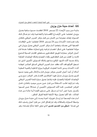 ‫ﺗﻘرﻳر اﻟﻠﺟﻧﺔ اﻟوطﻧﻳﺔ ﻻﺳﺗﻘﺻﺎء اﻟﺣﻘﺎﺋق ﺣوﻝ اﻟﺗﺟﺎوزت‬
 ‫ا‬

                                                                       ‫ﺛﺎﻟﺛﺎ :أﺣداث ﻣدﻳﻧﺔ ﻣﻧزﻝ ﺑوزﻳﺎن‬
‫ﺑداﻳ ـ ـ ــﺔ ﻣ ـ ـ ــن ﻳ ـ ـ ــوم اﻷرﺑﻌ ـ ـ ــﺎء 22 دﻳﺳ ـ ـ ــﻣﺑر 0102 اﻧﺗظﻣ ـ ـ ــت ﻣﺳ ـ ـ ــﻳ ة ﺳ ـ ـ ــﻠﻣﻳﺔ ﺑﻣﻧ ـ ـ ــزﻝ‬
                          ‫ر‬
‫ﺑوزﻳ ـ ــﺎن اﺣﺗﺟﺎﺟــ ــﺎ ﻋﻠـ ـ ــﻰ اﻷوﺿـ ـ ــﺎع اﻻﻗﺗﺻـ ـ ــﺎدﻳﺔ واﻻﺟﺗﻣﺎﻋﻳـ ـ ــﺔ وﻗـ ـ ــد ﺗـ ـ ــم ﺧـ ـ ــﻼﻝ ﺗﻠـ ـ ــك‬
                    ‫ّ‬
‫اﻟﻣﺳـ ــﻳ ات إﻳﻘـ ــﺎف ﻣﺟﻣوﻋـ ــﺔ ﻣـ ــن اﻟﺷـ ــﺑﺎن ﻣـ ــن ﻗﺑـ ــﻝ ﻣرﻛـ ــز اﻟﺣـ ــرس اﻟـ ــوطﻧﻲ ﺑﺎﻟﻣﻛـ ــﺎن‬‫ر‬
‫وﻗـ ـ ـ ــد ﺗﺻـ ـ ـ ــﺎﻋدت اﻷﺣـ ـ ـ ــداث ﻳـ ـ ـ ــوم 42 دﻳﺳـ ـ ـ ــﻣﺑر 0102 اﺣﺗﺟﺎﺟـ ـ ـ ــﺎ ﻋﻠـ ـ ـ ــﻰ اﻹﻳﻘﺎﻓـ ـ ـ ــﺎت‬
‫اﻟﺗﻌﺳـ ــﻔﻳﺔ اﻟﺗـ ــﻲ ﺣﺻـ ــﻠت وﺗﺟﻣﻌ ـ ـوا أﻣـ ــﺎم ﻣرﻛـ ــز اﻟﺣـ ــرس اﻟـ ــوطﻧﻲ ﺑﻣﻧـ ــزﻝ ﺑوزﻳـ ــﺎن ﻓـ ــﻲ‬
                                                                          ‫ّ‬
‫ﺣرﻛـ ــﺔ اﺣﺗﺟﺎﺟﻳـ ــﺔ ﻋﻠـ ــﻰ ﺷـ ــﻛﻝ اﻋﺗﺻـ ــﺎم ﺗـ ــم ﻓﻳـ ــﻪ رﻓـ ــﻊ ﺷـ ــﻌﺎ ات ﻣﺧﺗﻠﻔـ ــﺔ ﻋﻧـ ــدﻫﺎ ﻗـ ــﺎم‬
                                  ‫ر‬                     ‫ّ‬
‫أﻋ ـ ـ ـوان اﻟﻣرﻛـ ـ ــز ﺑﻣﺣﺎوﻟـ ـ ــﺔ ﺗﻔرﻳـ ـ ــق اﻟﻣﺗظـ ـ ــﺎﻫرﻳن ﻣﺳـ ـ ــﺗﻌﻣﻠﻳن اﻟﻘﻧﺎﺑـ ـ ــﻝ اﻟﻣﺳـ ـ ــﻳﻠﺔ ﻟﻠـ ـ ـ ع‬
 ‫ـدﻣو‬
‫ﻛﺎﻧ ـ ــت رد اﻟﻔﻌ ـ ــﻝ ﻣ ـ ــن ﻗﺑ ـ ــﻝ اﻟﻣﺗظ ـ ــﺎﻫرﻳن ﺑﺈﻟﻘ ـ ــﺎء اﻟﺣﺟ ـ ــﺎ ة وﻛ ـ ــذﻟك اﻟزﺟﺎﺟ ـ ــﺎت اﻟﺣﺎرﻗ ـ ــﺔ‬
                                       ‫ر‬                                                                   ‫ّ‬
‫وذﻟـ ــك ﺣﺳـ ــﺑﻣﺎ أﻛـ ــدﻩ اﻟﺷـ ــﻬود اﻟواﻗـ ــﻊ ﺳـ ــﻣﺎﻋﻬم وﻛـ ــذﻟك اﻟﻣﺳـ ــؤوﻟﻳن اﻷﻣﻧﻳـ ــﻳن اﻟـ ــذﻳن ﺗـ ــم‬
‫ّ‬                                                                                               ‫ّ‬
‫ﺗﺳ ـ ــﺟﻳﻝ أﻗـ ـ ـواﻟﻬم ﻓﻘ ـ ــد أﻛ ـ ــد ﻣﺗﻔﻘ ـ ــد ﻋ ـ ــﺎم اﻟﺣ ـ ــرس اﻟ ـ ــوطﻧﻲ اﻟﺳ ـ ــﺎﺑق اﻟﻣﺑﺎﺷ ـ ــر ﻟﻣﻬﻣﺗ ـ ــﻪ‬
       ‫ّ‬                                                                              ‫ّ‬
‫أﺛﻧـ ــﺎء اﻷﺣـ ــداث وﻣـ ــدﻳر ﻗﺎﻋـ ــﺔ اﻟﻌﻣﻠﻳـ ــﺎت اﻟﻣرﻛزﻳـ ــﺔ ﺑـ ــوز ة اﻟداﺧﻠﻳـ ــﺔ واﻟﺗﻧﻣﻳـ ــﺔ اﻟﻣﺣﻠﻳـ ــﺔ‬
                                      ‫ار‬
‫آﻧ ـ ــذاك أن أﺣ ـ ــد أﻋـ ـ ـوان اﻟﺣ ـ ــرس ﺑﻣرﻛ ـ ــز ﺑوزﻳ ـ ــﺎن ﻗ ـ ــﺎم ﺑ ـ ــﺎﻹﻋﻼم ﻋﻠ ـ ــﻰ وﺟ ـ ــود ﻣﺳ ـ ــﻳ ة‬
‫ر‬
‫ﻛﺑـ ـ ـ ى ﺑﻣﻧ ـ ـ ــزﻝ ﺑوزﻳ ـ ـ ــﺎن ﺣـ ـ ــﺎوﻝ ﻓﻳﻬ ـ ـ ــﺎ اﻟﻣواطﻧ ـ ـ ــون اﻗﺗﺣ ـ ـ ــﺎم ﻣﻘـ ـ ــر اﻟﻣرﻛ ـ ـ ــز ﻣ ـ ـ ــﻊ رﻣ ـ ـ ــﻲ‬
                                                                                                                               ‫ـر‬
‫اﻟزﺟﺎﺟ ـ ــﺎت اﻟﺣﺎرﻗ ـ ــﺔ واﻟﺣﺟ ـ ــﺎ ة ﻋﻠﻳ ـ ــﻪ وﻗ ـ ــﺎﻣوا ﺑﺣ ـ ــرق ﺳ ـ ــﻳﺎ ة ﺗﺎﺑﻌ ـ ــﺔ ﻟﻠﺣ ـ ــرس اﻟ ـ ــوطﻧﻲ‬
                                  ‫ر‬                                          ‫ر‬
‫وﻗـ ـ ــد ﺗـ ـ ــم ﻫـ ـ ــﺎ طﻠـ ـ ــب اﻻﺳـ ـ ــﺗﻐﺎﺛﺔ ﻣـ ـ ــن ﻗﺑـ ـ ــﻝ ﻋـ ـ ــون ﺣـ ـ ــرس ﻣوﺟـ ـ ــود ﺑﺎﻟﻣﻛـ ـ ــﺎن داﺧـ ـ ــﻝ‬
                                                                                                            ‫ّ إﺛر‬
‫اﻟﻣرﻛ ـ ـ ــز اﻟﻣﺣﺎﺻ ـ ـ ــر، ﻛﻣ ـ ـ ــﺎ أﻛ ـ ـ ــد اﻟﻣﺳ ـ ـ ــؤوﻟون اﻷﻣﻧﻳ ـ ـ ــون أن ﻋ ـ ـ ــدد83 ﻋ ـ ـ ــون أﺻ ـ ـ ــﻳﺑوا‬
                                                                                 ‫ّ‬
‫ﺑﺄﺿـ ـ ـ ار ﺑدﻧﻳ ـ ــﺔ ﻏﻳ ـ ــر أﻧـ ـ ــﻧﺎ ﻟ ـ ــم ﻧﺳ ـ ــﺟﻝ ﻋﻠ ـ ــﻰ ﻣﺳ ـ ــﺗوى اﻟﻠﺟﻧ ـ ــﺔ أﻳ ـ ــﺔ ﺣﺎﻟ ـ ــﺔ ﻣ ـ ــن ﻫ ـ ــذﻩ‬
                                                                     ‫ّ‬                                                ‫ر‬
                           ‫اﻟﺣﺎﻻت ، ﻛﻣﺎ أﻛدوا ﺣﺻوﻝ ﺳرﻗﺔ اﻷﺳﻠﺣﺔ اﻟﺗﺎﺑﻌﺔ ﻟﻠﻣرﻛز اﻟﻣذﻛور.‬                   ‫ّ‬
‫أﻣ ـ ــﺎم ﻫ ـ ــذﻩ اﻟوﺿ ـ ــﻌﻳﺔ ﺗ ـ ــم إرﺳ ـ ــﺎﻝ ﺗﻌزﻳـ ـ ـ ات أﻣﻧﻳ ـ ــﺔ وﺻ ـ ــت إﻟ ـ ــﻰ ﻣدﻳﻧ ـ ــﺔ ﻣﻧـ ـ ـزﻝ ﺑوزﻳ ـ ــﺎن‬
                                                               ‫ز‬                      ‫ّ‬
‫ﺑواﺳـ ــطﺔ اﻟﺳـ ــﻳﺎ ات واﻟﺣـ ــﺎﻓﻼت وﻗـ ــد ﺗـ ــم إطـ ــﻼق اﻟﻧـ ــﺎر ﻣـ ــن ﻗﺑـ ــﻝ أﻋ ـ ـوان وﺗﺳـ ــﺑب ذﻟـ ــك‬
            ‫ّ‬                                                     ‫ّ‬                                   ‫ر‬
‫ﻓ ــﻲ إﺻ ــﺎﺑﺔ ﺷـــوﻗﻲ ﺑـــن اﻟﺣﺳـــﻳن ﻧﺻـ ي اﻟ ــذي ﺗ ــوﻓﻰ ﻻﺣﻘ ــﺎ ﻣﺗ ــﺄﺛر ﺑﺈﺻ ــﺎﺑﺗﻪ، وﻫ ــو‬
                   ‫ا‬                                 ‫ــر‬



                                                                 ‫ 27‬
‫ ‬
 