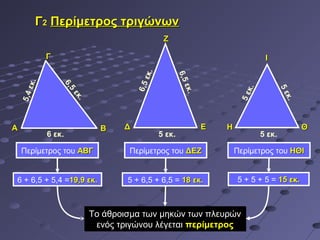 Γ2 Περίμετρος τριγώνων
                                                  Ζ

             Γ                                                                     Ι




                                           εκ.


                                                         6,5
      κ.




                                       6,5
                 6,




                                                             εκ.




                                                                             κ.
        ε




                                                                                          5ε
                    5
    5,4




                                                                            5ε
                     εκ




                                                                                          κ.
                        .




Α                             Β    Δ                               Ε   Η                        Θ
             6 εκ.                               5 εκ.                            5 εκ.

    Περίμετρος του ΑΒΓ              Περίμετρος του ΔΕΖ                     Περίμετρος του ΗΘΙ


6 + 6,5 + 5,4 =19,9 εκ.             5 + 6,5 + 6,5 = 18 εκ.                 5 + 5 + 5 = 15 εκ.



                            Το άθροισμα των μηκών των πλευρών
                             ενός τριγώνου λέγεται περίμετρος
 