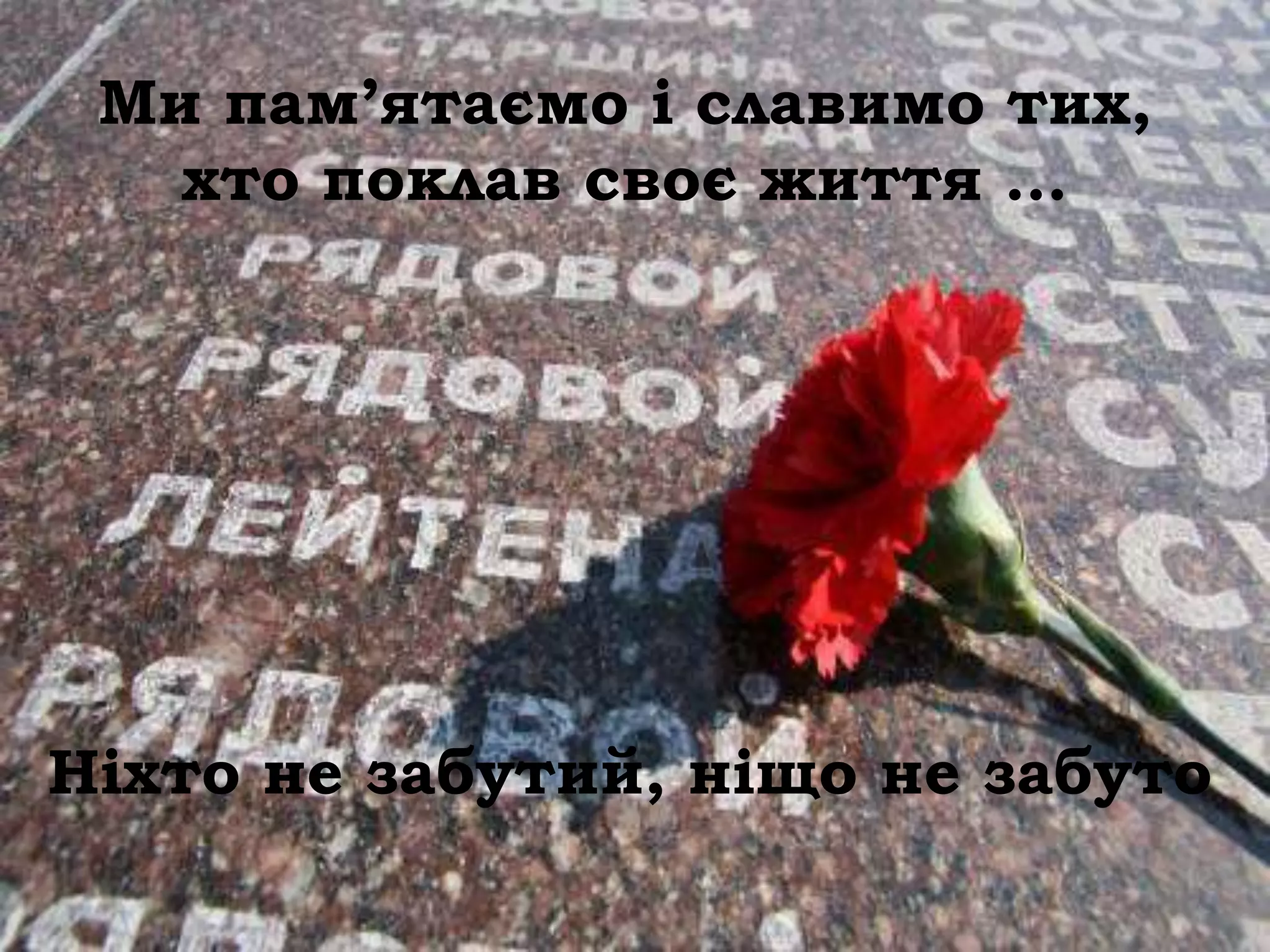 Ми пам’ятаємо і славимо тих,
   хто поклав своє життя …




Ніхто не забутий, ніщо не забуто
 