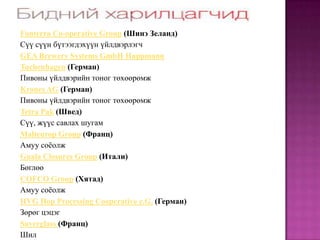 Fonterra Co-operative Group (Шинэ Зеланд)
Сүү сүүн бүтээгдэхүүн үйлдвэрлэгч
GEA Brewery Systems GmbH Huppmann
Tuchenhagen (Герман)
Пивоны үйлдвэрийн тоног төхөөрөмж
Krones AG (Герман)
Пивоны үйлдвэрийн тоног төхөөрөмж
Tetra Pak (Швед)
Сүү, жүүс савлах шугам
Malteurop Group (Франц)
Амуу соёолж
Guala Closures Group (Итали)
Бөглөө
COFCO Group (Хятад)
Амуу соёолж
HVG Hop Processing Cooperative e.G. (Герман)
Зөрөг цэцэг
Saverglass (Франц)
Шил
 