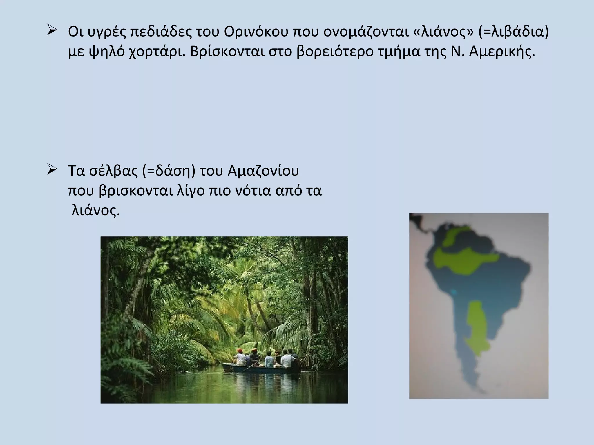  Οι υγρές πεδιάδες του Ορινόκου που ονομάζονται «λιάνος» (=λιβάδια)
  με ψηλό χορτάρι. Βρίσκονται στο βορειότερο τμήμα της Ν. Αμερικής.




 Τα σέλβας (=δάση) του Αμαζονίου
  που βρισκονται λίγο πιο νότια από τα
  λιάνος.
 