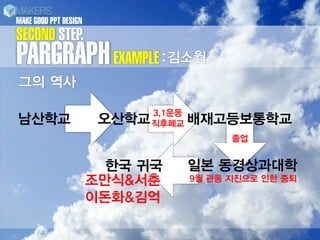 MAKE GOOD PPT DESIGN
SECOND STEP.
PARGRAPH EXAMPLE :???
?? ??

                             3.1??
????                    ???? ????    ????????
                                           ??


                         ?? ??       ?? ??????
                       ???&??        9? ?? ???? ?? ??

                       ???&??
 