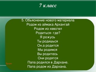 7класс

            5.Обьяснениеновогоматериала
               РодомизаймакаАрхангай
                   Родомизхөвсгөл
                    Родиться­где?
                       Ярожусь
                     Тыродишься
                     Он.ародится
                      Мыродимся
                     Выродитесь
                      Ониродятся
    буцах       ПапародилсявДархане.
               ПапародомизДархана.
                           
 