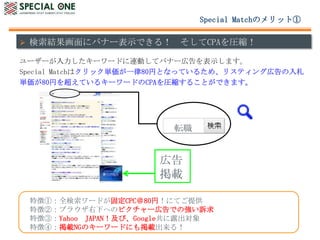 Special MatchΥåȢ

? Y˥Хʩ`ʾǤ룡        CPARs

````ɤBӤƥХʩ`ڸʾޤ
Special Matchϥågһ80ҤȤʤäƤ뤿ᡢꥹƥ󥰎ڸ
g80Ҥ򳬤Ƥ륭``ɤCPARs뤳ȤǤޤ




                         ܞ


                      ڸ
                      d

 ؏բ٣ȫ`ɤ̶CPC80ңˤƤṩ
 ؏բڣ֥饦¤ؤΥԥ`ڸǤΏV
 ؏բۣYahoo JAPANӡGoogle¶
 ؏բܣdNGΥ``ɤˤd룡
 